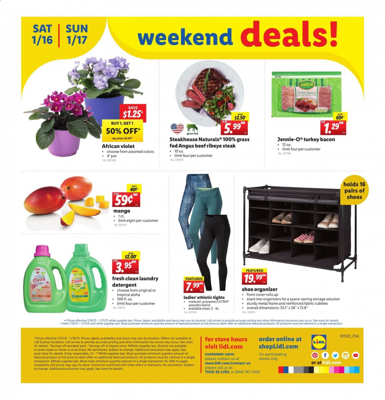 thumbnail - Lidl Flyer - 01/13/2021 - 01/19/2021 - Sales products - shoes, bacon, turkey bacon, curd, mango, alcohol, beef meat, beef steak, steak, ribeye steak, detergent, metal frame, tights. Page 24.