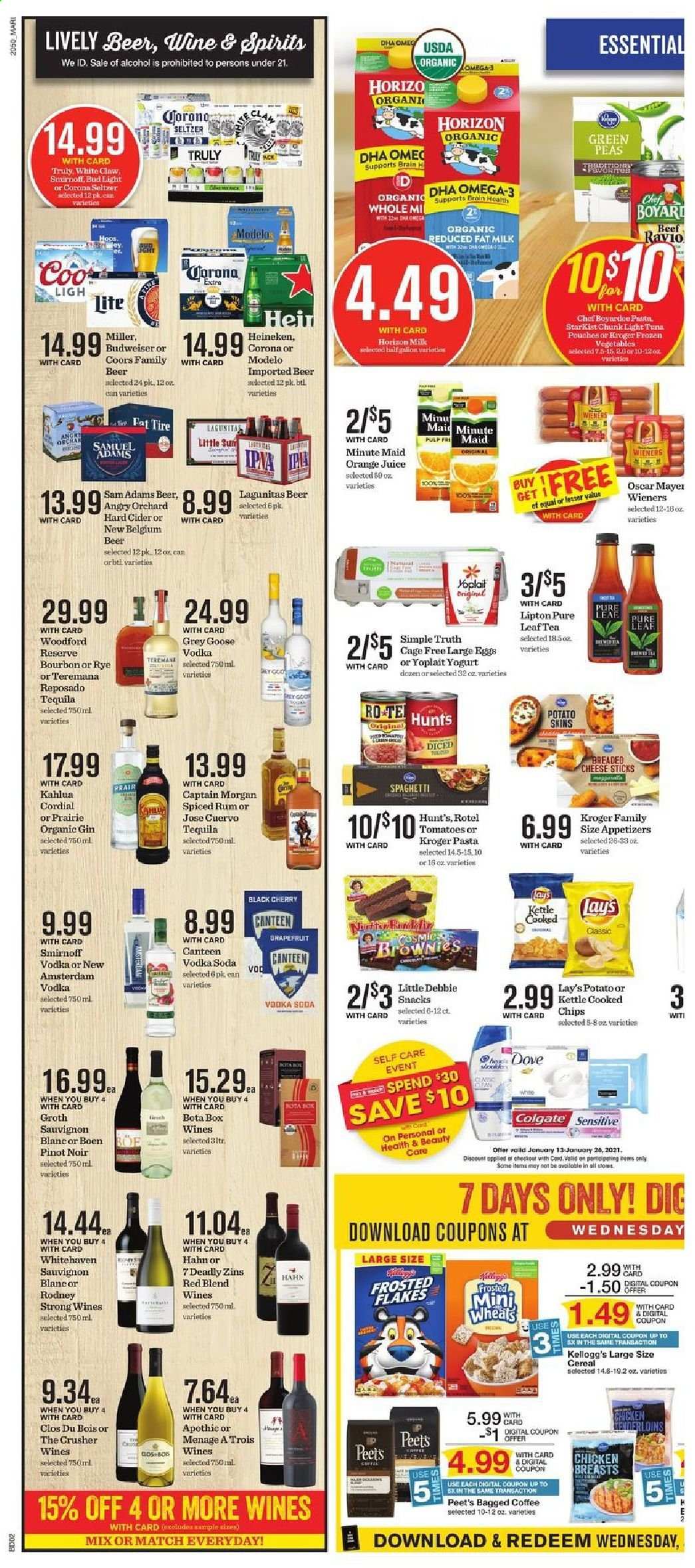 thumbnail - Mariano’s Flyer - 01/13/2021 - 01/19/2021 - Sales products - Budweiser, Coors, brownies, 7 Days, tuna, StarKist, Oscar Mayer, cheese, yoghurt, Yoplait, milk, cage free eggs, large eggs, frozen vegetables, peas, Kellogg's, snack, Lay’s, cheese sticks, light tuna, cereals, Frosted Flakes, spaghetti, pasta, orange juice, soda, juice, Lipton, seltzer water, tea, Pure Leaf, bagged coffee, wine, Pinot Noir, alcohol, apple cider, bourbon, Captain Morgan, gin, rum, Smirnoff, spiced rum, tequila, vodka, Kahlúa, White Claw, TRULY, bourbon whiskey, beer, Bud Light, Corona Extra, Heineken, Miller, Hahn, Modelo, chicken breasts, Omega-3. Page 4.