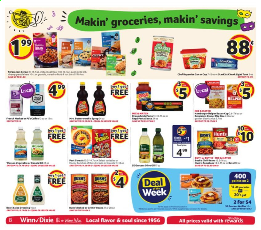 thumbnail - Winn Dixie Flyer - 01/13/2021 - 01/19/2021 - Sales products - tuna, StarKist, sauce, beans, oats, grits, chili beans, light tuna, cereals, granola bar, Raisin Bran, rice, salad dressing, pasta sauce, dressing, syrup, cup. Page 8.