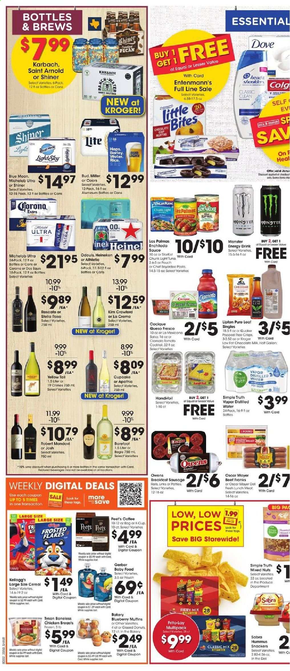 thumbnail - Kroger Flyer - 01/13/2021 - 01/19/2021 - Sales products - gallon, cupcake, donut, muffin, Entenmann's, Little Bites, StarKist, enchiladas, sauce, Quaker, Oscar Mayer, sausage, hummus, lunch meat, queso fresco, cheddar, Kellogg's, Gerber, Frito-Lay, rice crisps, Chef Boyardee, cereals, ravioli, pasta, mixed nuts, energy drink, Monster, Lipton, Clamato, Monster Energy, seltzer water, Pure Leaf, coffee, coffee capsules, K-Cups, Hard Seltzer, beer, Coors, Dos Equis, Blue Moon, Michelob, Corona Extra, Heineken, Miller, turkey breast, chicken breasts, Dove, distilled water. Page 4.