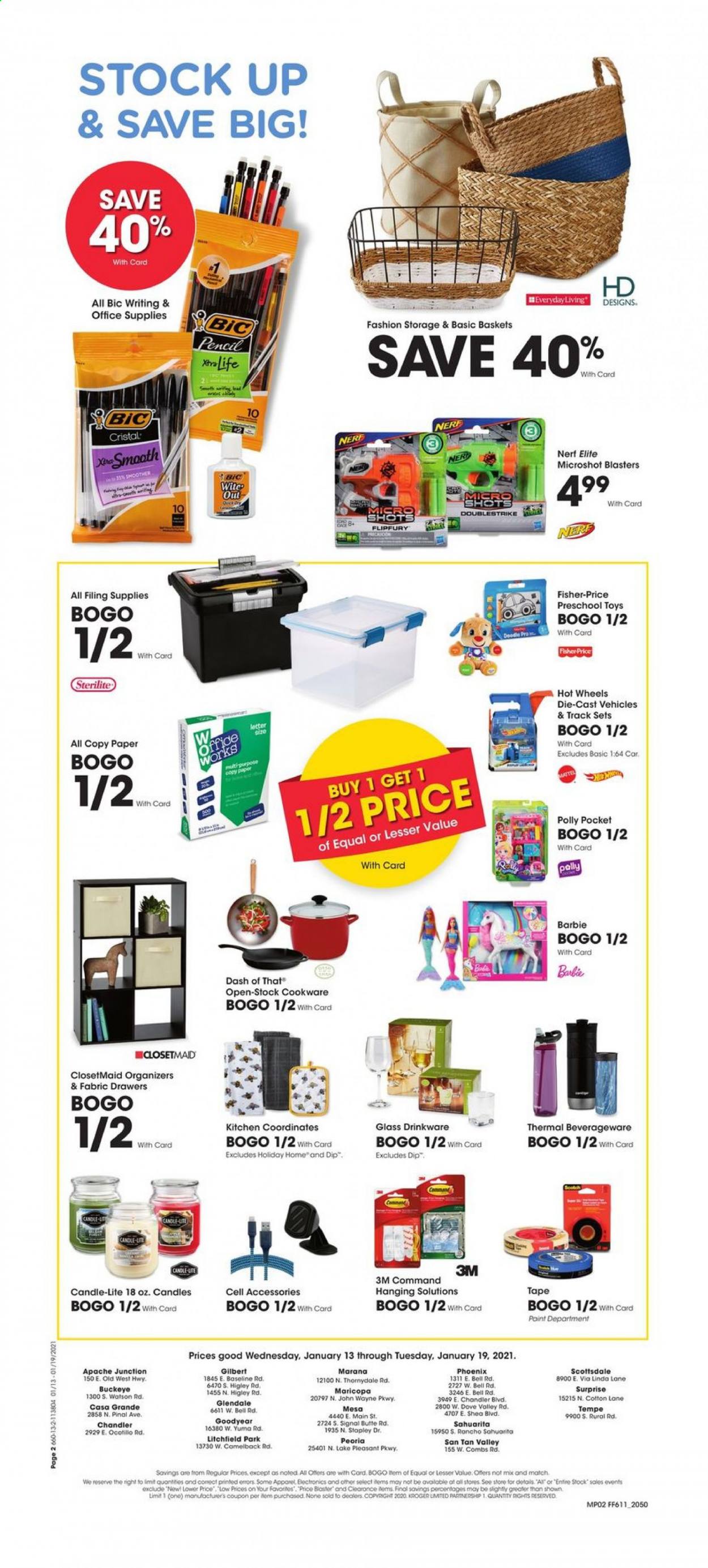 thumbnail - Fry’s Flyer - 01/13/2021 - 01/19/2021 - Sales products - dip, Gilbert, Dove, XTRA, Signal, BIC, basket, Barbie, cookware set, drinkware, thermal bottle, paper, pencil, candle, Nerf. Page 2.