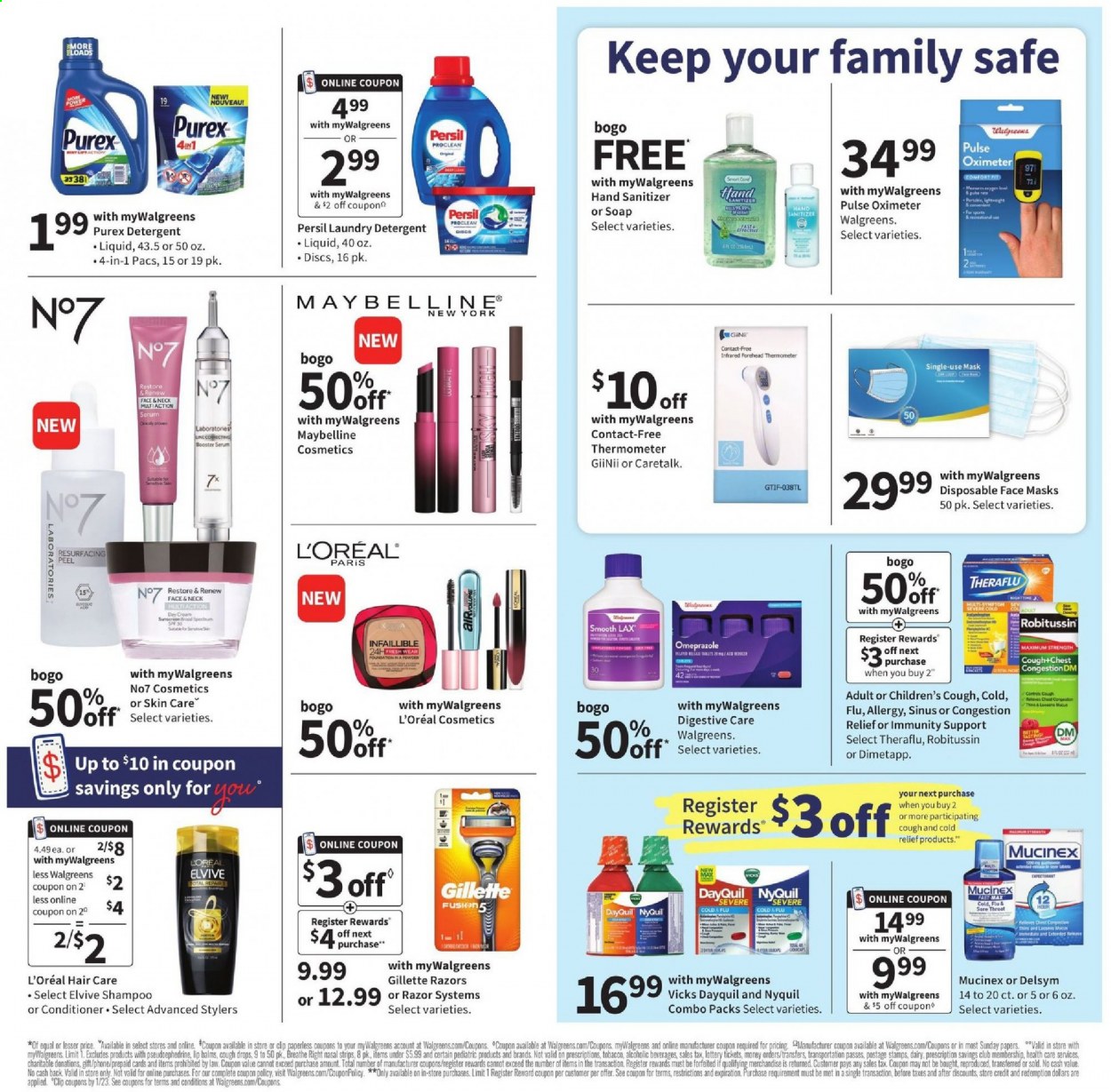 thumbnail - Walgreens Flyer - 01/17/2021 - 01/23/2021 - Sales products - Digestive, Thins, detergent, Persil, laundry detergent, Purex, shampoo, soap, L’Oréal, serum, conditioner, Gillette, razor, hand sanitizer, Vicks, DayQuil, Delsym, Dimetapp, Mucinex, Robitussin, Theraflu, NyQuil, Spectrum, cough drops, thermometer, face mask, pulse oximeter. Page 2.