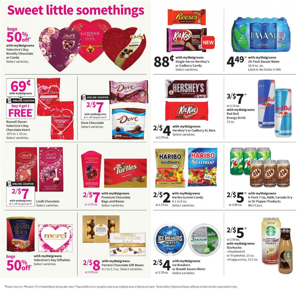 thumbnail - Walgreens Flyer - 01/17/2021 - 01/23/2021 - Sales products - Reese's, Hershey's, marshmallows, milk chocolate, chocolate, Haribo, Lindt, Lindor, Ferrero Rocher, Godiva, Cadbury, Merci, peanut butter cups, sea salt, Canada Dry, energy drink, Dr. Pepper, 7UP, Red Bull, A&W, Starbucks, frappuccino, Dove, gift box. Page 12.