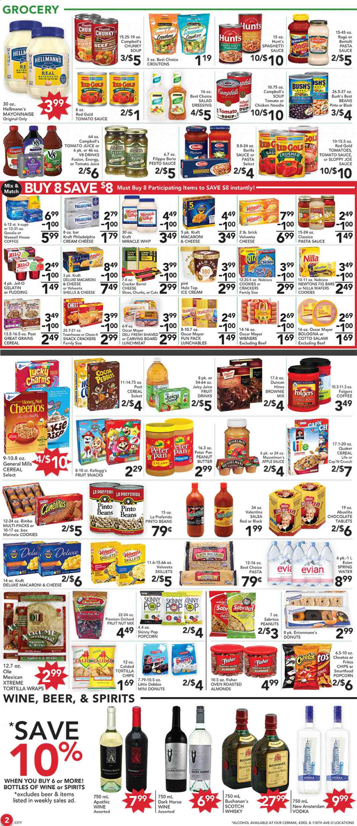 thumbnail - Pete's Fresh Market Flyer - 01/13/2021 - 01/19/2021 - Sales products - brownie mix, donut, Entenmann's, Campbell's, cream cheese, macaroni & cheese, tomato soup, soup, Barilla, Quaker, Lunchables, Kraft®, Bertolli, salami, bologna sausage, Oscar Mayer, lunch meat, sliced cheese, Philadelphia, pudding, mayonnaise, Miracle Whip, salsa, Hellmann’s, ice cream, beans, spinach, cookies, fudge, wafers, chocolate, crackers, Kellogg's, fruit snack, croutons, tortilla chips, Cheetos, chips, Smartfood, popcorn, Skinny Pop, cocoa, oats, Jell-O, cereals, Fritos, Cheerios, Cap'n Crunch, spaghetti, pinto beans, noodles, salad dressing, tomato sauce, pesto, pasta sauce, dressing, ragu, oil, apple sauce, peanut butter, almonds, tomato juice, juice, spring water, Maxwell House, coffee, Folgers, coffee capsules, K-Cups, Gevalia, alcohol, vodka, scotch whisky, whisky, beer. Page 2.