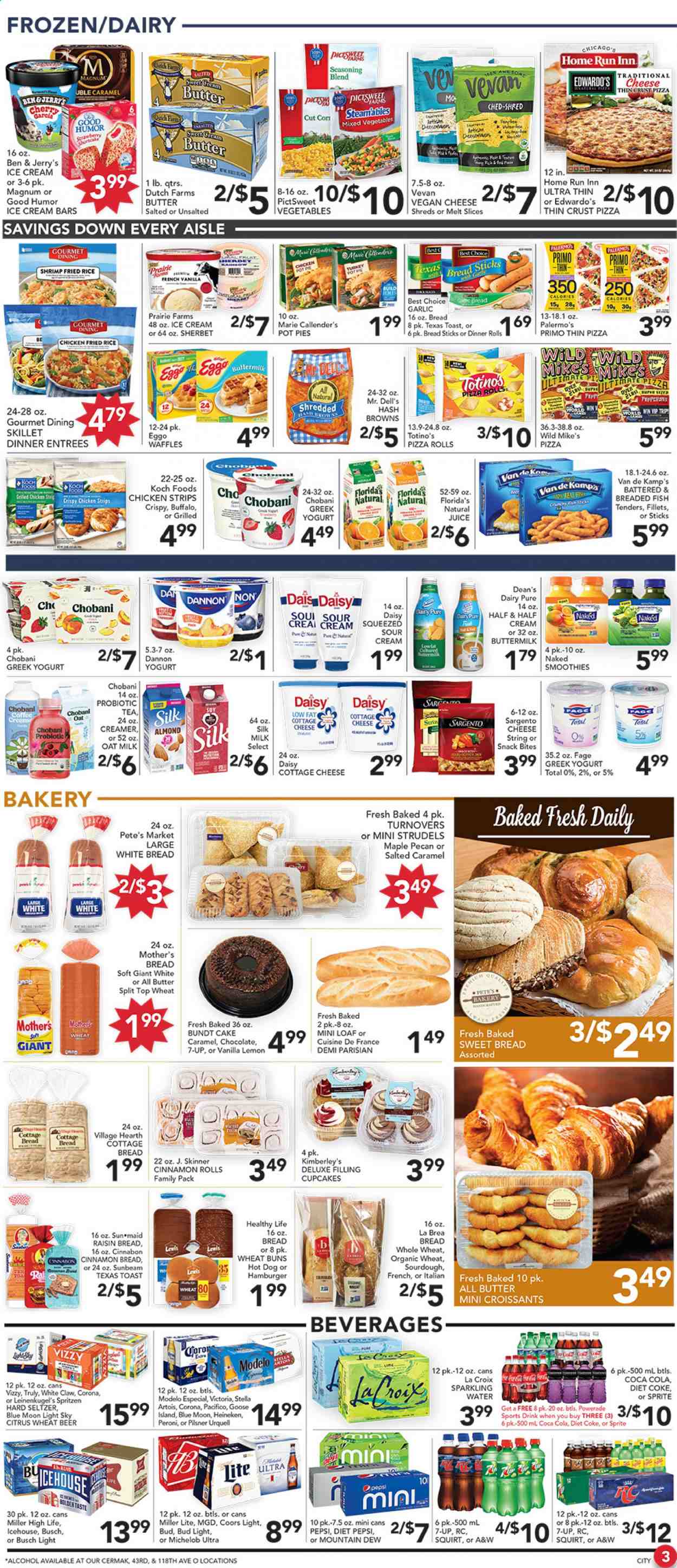 thumbnail - Pete's Fresh Market Flyer - 01/13/2021 - 01/19/2021 - Sales products - bread, cottage bread, white bread, pie, pizza rolls, dinner rolls, croissant, buns, turnovers, bundt, cinnamon roll, cupcake, pot pie, sweet bread, waffles, pastries, mixed vegetables, snack, shrimps, Van de Kamp's, hot dog, hamburger, fried chicken, chicken strips, Marie Callender's, breaded fish, ready meal, cottage cheese, shredded cheese, Sargento, vegan cheese, greek yoghurt, Chobani, Dannon, buttermilk, oat milk, sour cream, creamer, half cream, Magnum, ice cream, ice cream bars, Ben & Jerry's, frozen vegetables, strips, hash browns, Florida's Natural, bread sticks, Skinner Pasta, spice, Coca-Cola, Mountain Dew, Sprite, Powerade, Pepsi, energy drink, Diet Pepsi, Diet Coke, soft drink, 7UP, A&W, Coke, electrolyte drink, smoothie, water, carbonated soft drink, tea, White Claw, Hard Seltzer, TRULY, beer, Busch, Stella Artois, Bud Light, Corona Extra, Heineken, Peroni, Modelo, wheat beer, Leinenkugel's, Miller Lite, Coors, Blue Moon, Michelob, Pilsner Urquell. Page 3.