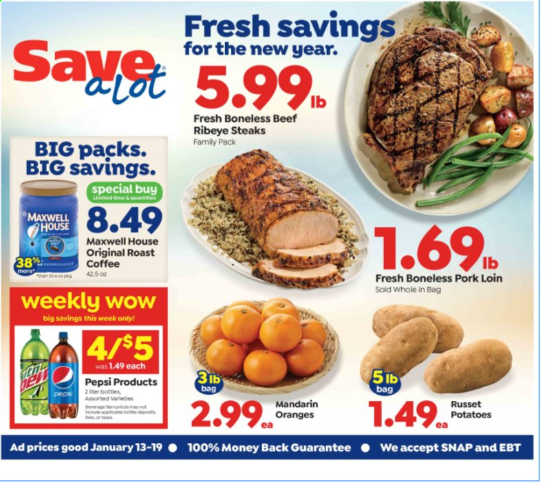thumbnail - Save a Lot Flyer - 01/13/2021 - 01/19/2021 - Sales products - oranges, mandarines, Pepsi, Maxwell House, coffee, beef meat, steak, ribeye steak, pork loin, pork meat. Page 1.