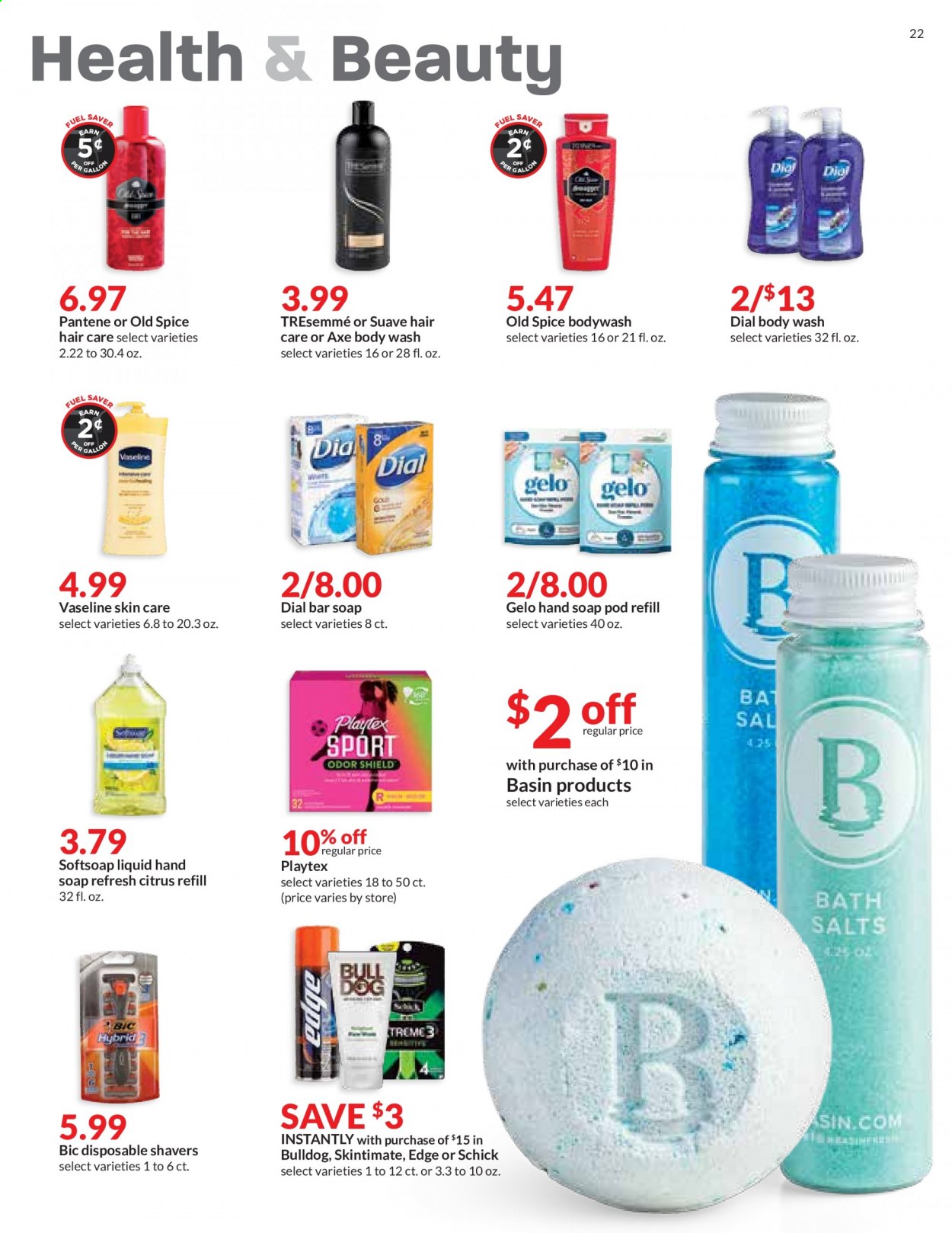 thumbnail - Hy-Vee Flyer - 01/13/2021 - 01/19/2021 - Sales products - body wash, Softsoap, Suave, hand soap, Old Spice, Vaseline, soap bar, Dial, soap, Playtex, TRESemmé, Pantene, BIC, Schick. Page 22.