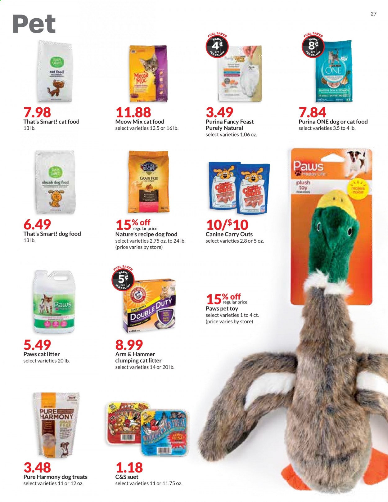 thumbnail - Hy-Vee Flyer - 01/13/2021 - 01/19/2021 - Sales products - suet, ARM & HAMMER, cat litter, Paws, animal food, cat food, dog food, Purina, Meow Mix, Fancy Feast, Pure Harmony, toys. Page 27.