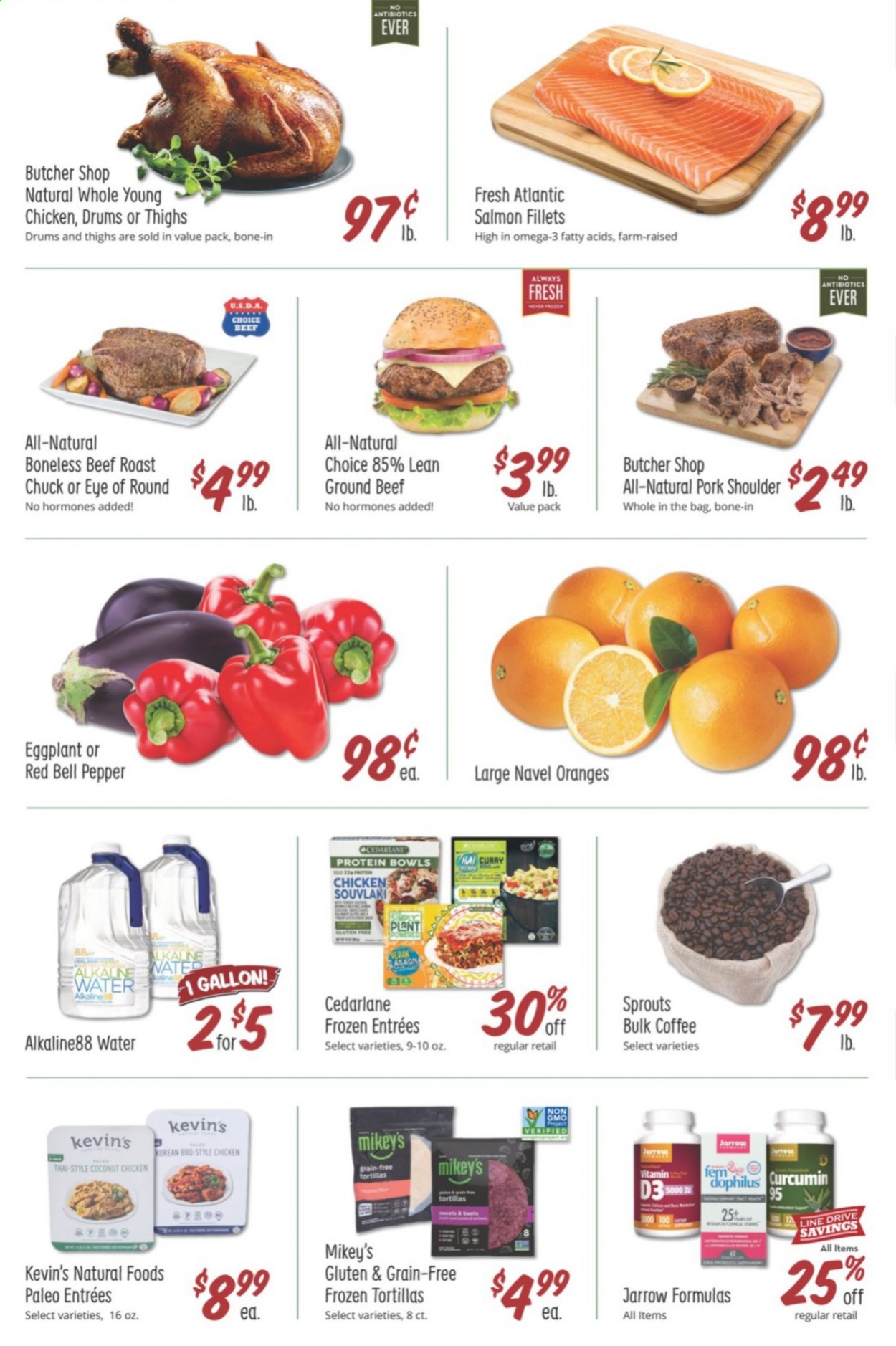thumbnail - Sprouts Flyer - 01/13/2021 - 01/19/2021 - Sales products - bell peppers, eggplant, tortillas, oranges, coconut, salmon, salmon fillet, pepper, coffee, beef meat, ground beef, eye of round, roast beef, pork meat, pork shoulder, vitamin D3. Page 2.