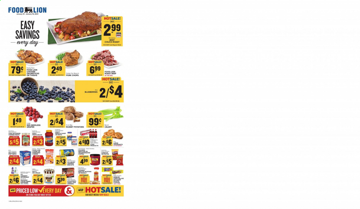 thumbnail - Food Lion Flyer - 01/13/2021 - 01/19/2021 - Sales products - celery, blueberries, seedless grapes, bagels, croissant, muffin, english muffins, Pillsbury, Kraft®, shredded cheese, mayonnaise, Miracle Whip, Stouffer's, cookies, Kellogg's, biscuit, Pop-Tarts, Cheetos, Chef Boyardee, Fritos, pasta, ragu, Coca-Cola, coffee, Folgers, chicken drumsticks, beef meat, roast beef, chuck roast, pork chops, pork meat, detergent, Snuggle, fabric softener. Page 1.