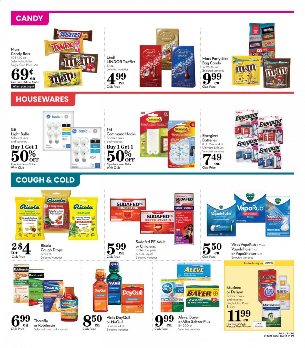 thumbnail - Pavilions Flyer - 01/13/2021 - 01/19/2021 - Sales products - ricola, Lindt, Lindor, Milky Way, Snickers, Twix, Mars, truffles, M&M's, herbs, honey, peanuts, seltzer water, Vicks, battery, bulb, Energizer, light bulb, bag, Aleve, DayQuil, Delsym, Cold & Flu, Mucinex, Robitussin, Sudafed, Theraflu, NyQuil, Alka-seltzer, VapoRub, cough drops, Low Dose, aspirin, Bayer. Page 11.