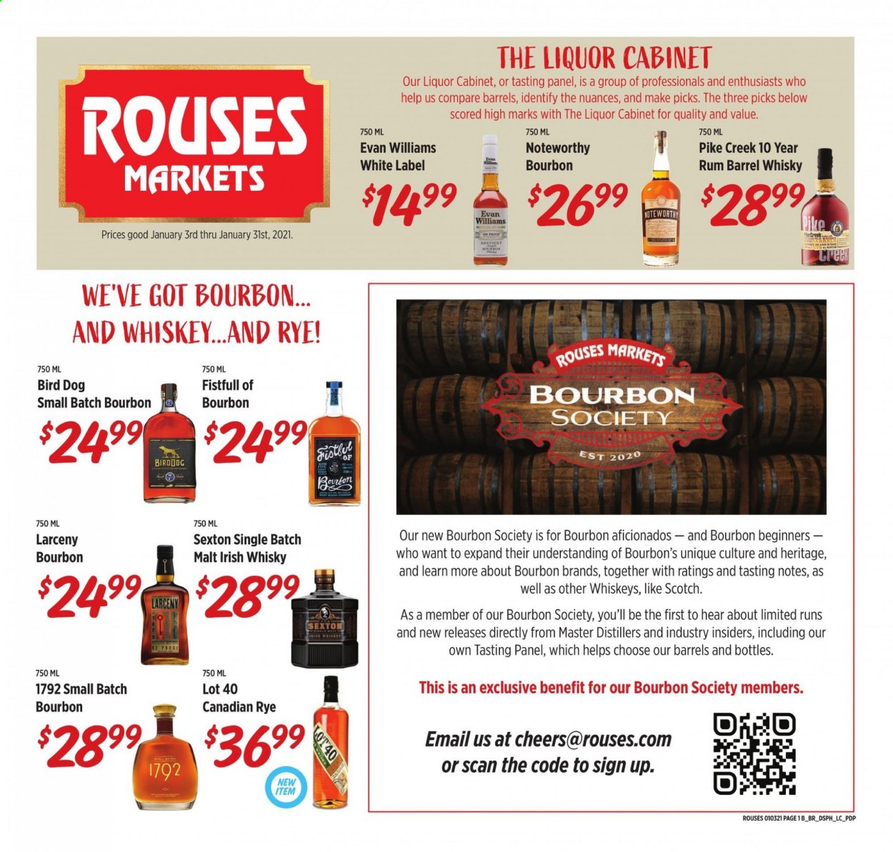 thumbnail - Rouses Markets Flyer - 01/03/2021 - 01/31/2021 - Sales products - northern pike, malt, bourbon, rum, whiskey, liquor, bourbon whiskey, whisky. Page 1.