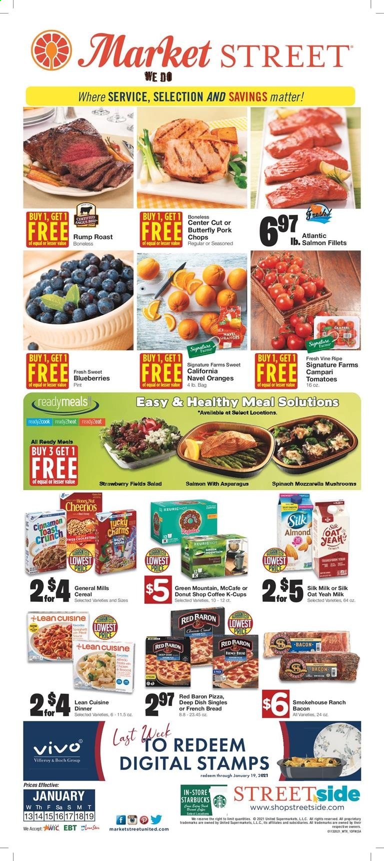 thumbnail - Market Street Flyer - 01/13/2021 - 01/19/2021 - Sales products - mushrooms, blueberries, bread, toast bread, oranges, salmon, salmon fillet, pizza, salad, Lean Cuisine, bacon, milk, Silk, Red Baron, cereals, Cheerios, cinnamon, almonds, coffee, Starbucks, coffee capsules, McCafe, K-Cups, Green Mountain, pork chops, pork meat. Page 1.
