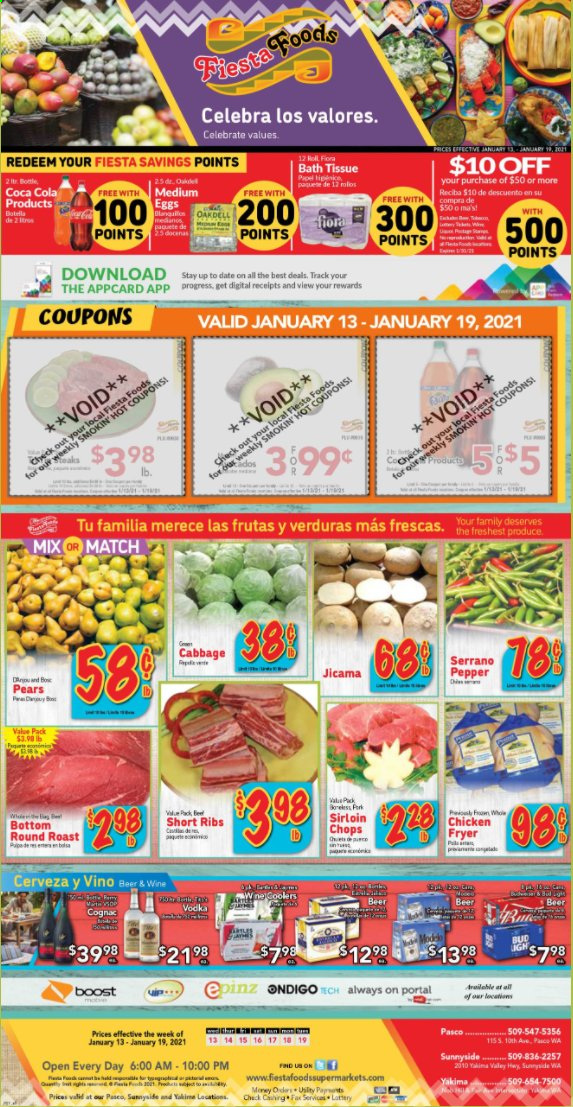 thumbnail - Fiesta Foods SuperMarkets Flyer - 01/13/2021 - 01/19/2021 - Sales products - jicama, pears, Coca-Cola, Boost, wine, cognac, vodka, beer, beef meat, round roast. Page 1.