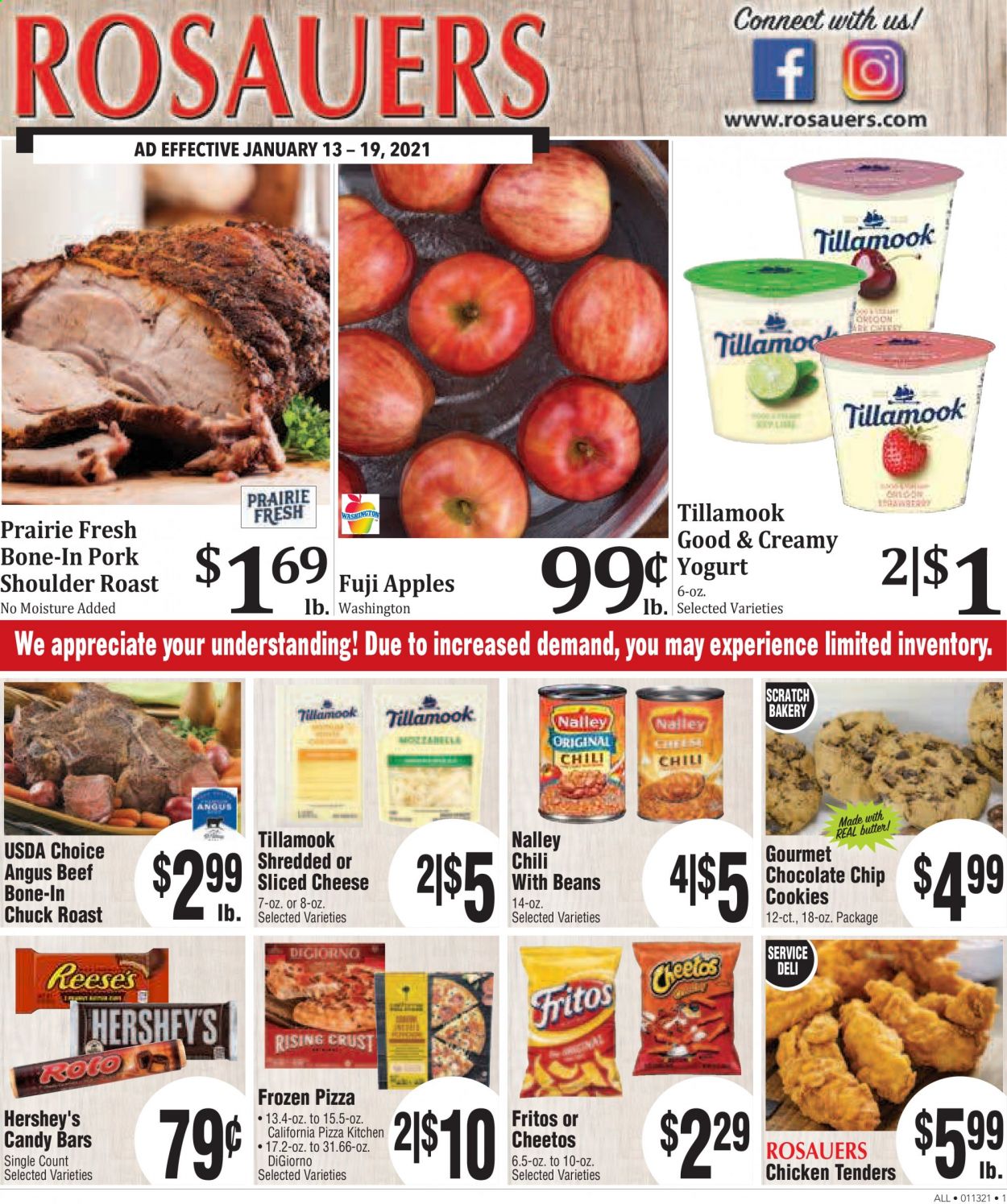 thumbnail - Rosauers Flyer - 01/13/2021 - 01/19/2021 - Sales products - Fuji apple, apples, pizza, sliced cheese, cheese, yoghurt, Hershey's, beans, cookies, Cheetos, Fritos, chicken tenders, beef meat, chuck roast, pork meat, pork roast, pork shoulder, beef bone. Page 1.