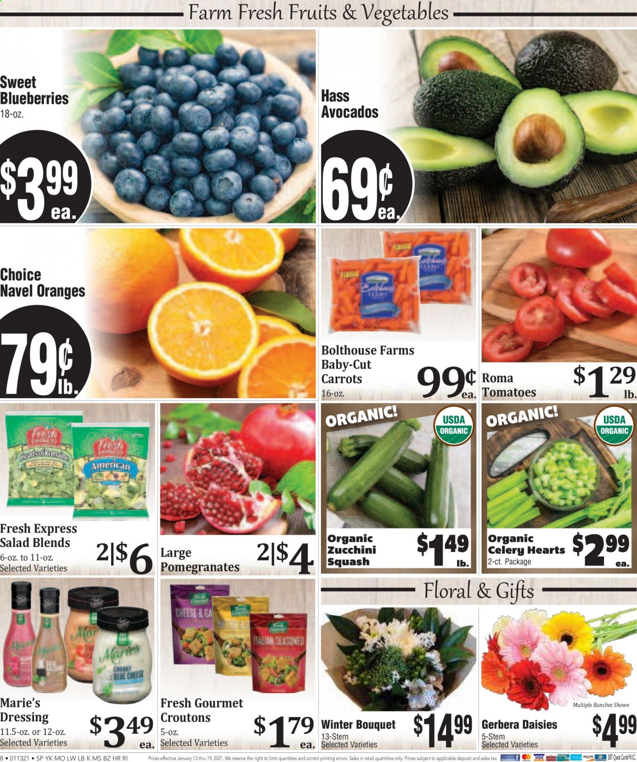 thumbnail - Rosauers Flyer - 01/13/2021 - 01/19/2021 - Sales products - celery, zucchini, blueberries, oranges, salad, carrots, croutons, dressing, bunches, bouquet, gerbera, avocado. Page 7.