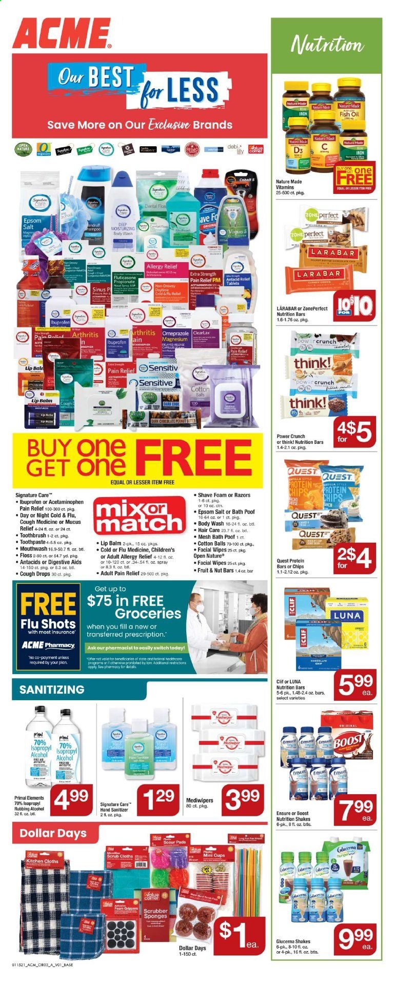 thumbnail - ACME Flyer - 01/15/2021 - 01/21/2021 - Sales products - shake, Digestive, chips, salt, nutrition bar, protein bar, nut bar, Zone Perfect, fish oil, Boost, cotton balls, wipes, body wash, toothbrush, toothpaste, mouthwash, lip balm, hand sanitizer, sponge, Primal, pain relief, Cold & Flu, magnesium, Nature Made, Ibuprofen, Glucerna, vitamin D3, cough drops, allergy relief. Page 4.