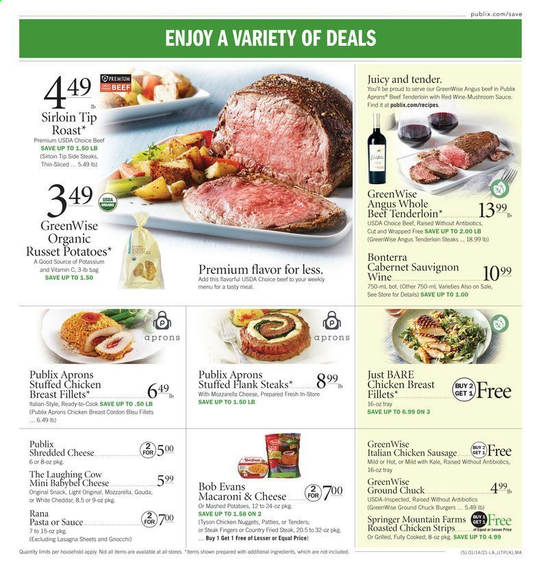 thumbnail - Publix Flyer - 01/14/2021 - 01/20/2021 - Sales products - mushrooms, gnocchi, macaroni & cheese, mashed potatoes, nuggets, hamburger, chicken nuggets, Giovanni Rana, Bob Evans, stuffed chicken, sausage, chicken sausage, gouda, mozzarella, shredded cheese, cheddar, The Laughing Cow, Babybel, cordon bleu, strips, chicken strips, snack, lasagne sheets, pasta, Rana, Cabernet Sauvignon, chicken breasts, beef meat, ground chuck, steak, beef tenderloin, vitamin c. Page 5.