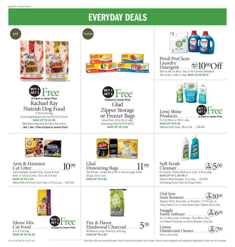 thumbnail - Publix Flyer - 01/14/2021 - 01/20/2021 - Sales products - milk, snack, ARM & HAMMER, detergent, cleaner, desinfection, stain remover, OxiClean, Snuggle, Persil, fabric softener, laundry detergent, soap, Lemi Shine, cleanser, Brite, cat litter, animal food, cat food, dog food, Meow Mix, Nutrish. Page 14.