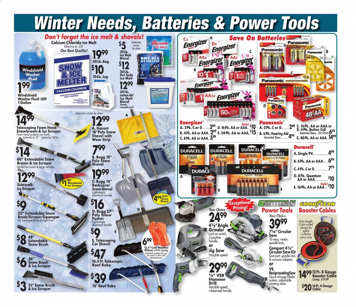 thumbnail - Ocean State Job Lot Flyer - 01/14/2021 - 01/20/2021 - Sales products - Panasonic, grinder, battery, Duracell, Energizer, adapter, gallon, gloves, drill, power tools, hammer, circular saw, saw, angle grinder, jig saw, shovel, snow shovel, brush, ice melter, washer fluid. Page 5.
