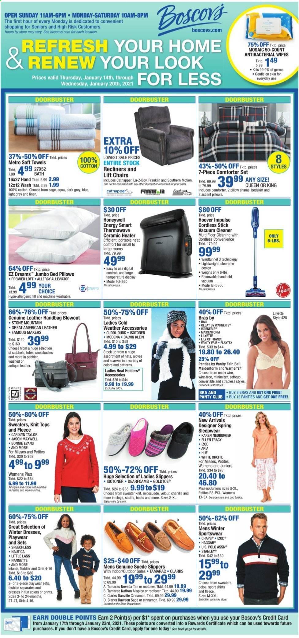 thumbnail - Boscov's Flyer - 01/14/2021 - 01/20/2021 - Sales products - boots, Calvin Klein, clogs, slippers, Playtex, comforter, pillow, towel, bed, vanity, U.S. POLO ASSN, dress, shirt, tops, sweater, gloves, hat, handbag, tote, bra, sleepwear, panties. Page 1.