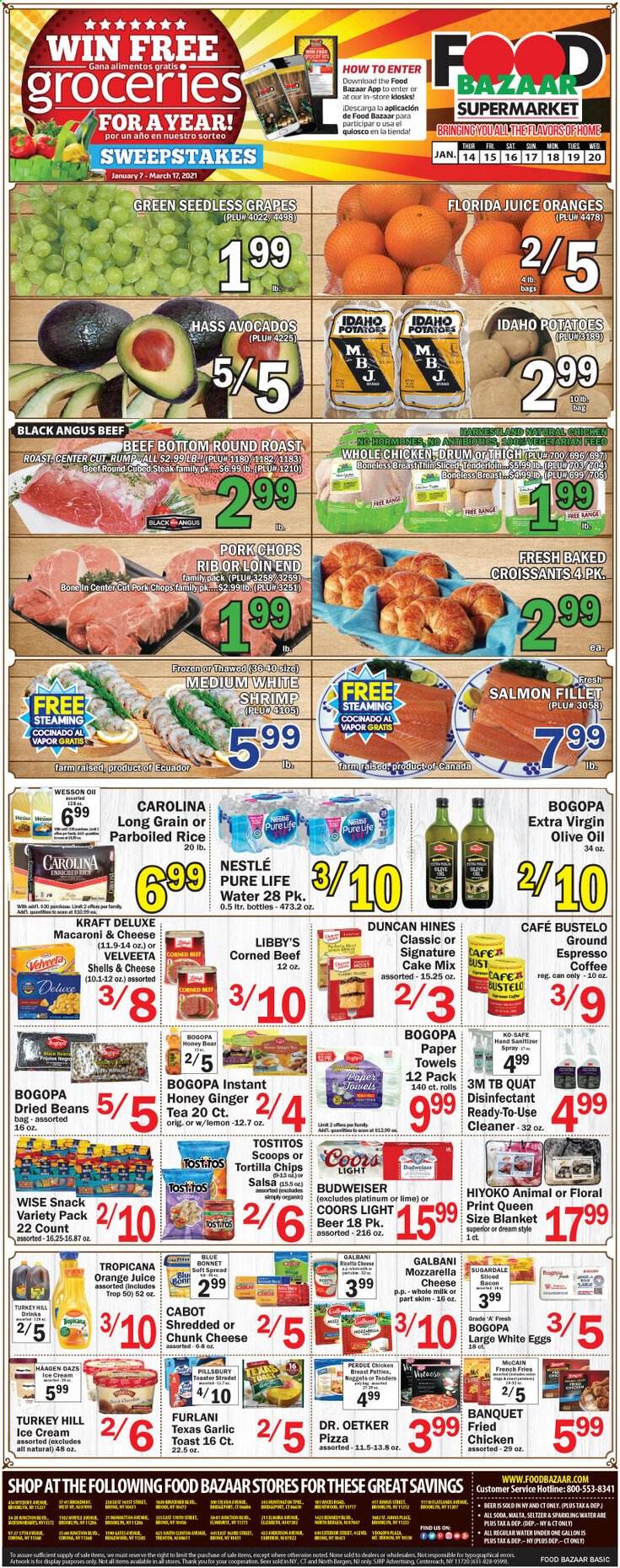 thumbnail - Food Bazaar Flyer - 01/14/2021 - 01/20/2021 - Sales products - Budweiser, Coors, seedless grapes, toast bread, cake mix, croissant, ginger, salmon, salmon fillet, shrimps, macaroni & cheese, pizza, nuggets, fried chicken, Pillsbury, Perdue®, Kraft®, bacon, mozzarella, Dr. Oetker, Galbani, chunk cheese, milk, eggs, salsa, ice cream, Häagen-Dazs, beans, McCain, potato fries, french fries, Nestlé, tortilla chips, snack, Tostitos, garlic, rice, parboiled rice, extra virgin olive oil, olive oil, honey, orange juice, soda, juice, seltzer water, sparkling water, Pure Life Water, tea, coffee, beer, whole chicken, beef meat, corned beef, steak, round roast, pork chops, pork meat, avocado, grapes. Page 1.