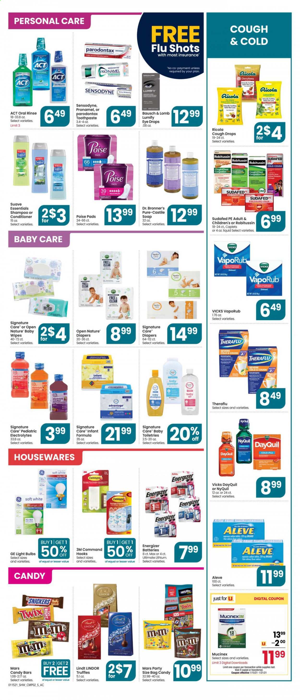 thumbnail - Shaw’s Flyer - 01/15/2021 - 01/21/2021 - Sales products - ricola, Lindt, Lindor, Milky Way, Snickers, Twix, Mars, truffles, M&M's, Thins, wipes, shampoo, Suave, soap, toothpaste, Sensodyne, ointment, conditioner, hook, pen, battery, bulb, Energizer, light bulb, Aleve, DayQuil, Cold & Flu, Mucinex, Robitussin, Sudafed, Theraflu, NyQuil, Lumify, eye drops, VapoRub, Vicks, cough drops. Page 6.