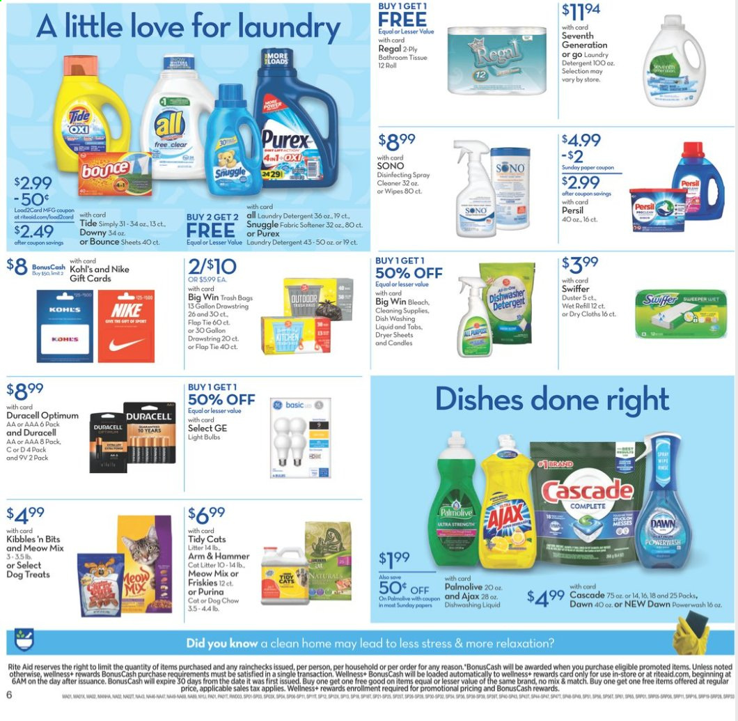 thumbnail - RITE AID Flyer - 01/17/2021 - 01/23/2021 - Sales products - Nike, ARM & HAMMER, bath tissue, tissues, detergent, wipes, cleaner, Ajax, Swiffer, Cascade, Snuggle, Tide, Persil, fabric softener, bleach, laundry detergent, Bounce, dryer sheets, Purex, dishwashing liquid, Palmolive, trash bags, bulb, Duracell, light bulb, Dog Chow, Purina, Optimum, Meow Mix, Friskies, bag. Page 8.