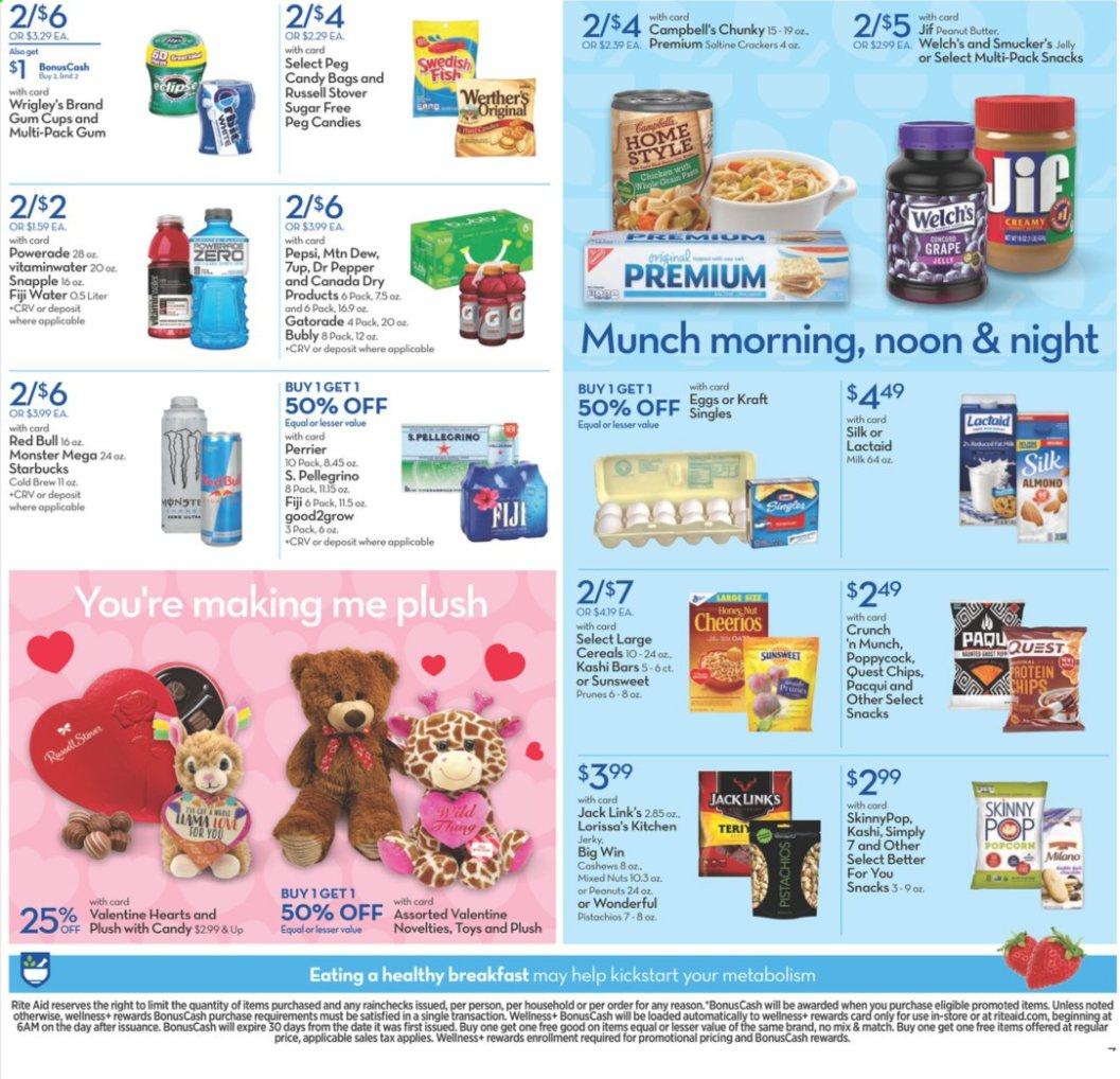 thumbnail - RITE AID Flyer - 01/17/2021 - 01/23/2021 - Sales products - Campbell's, Welch's, Kraft®, jerky, Lactaid, milk, chips, popcorn, saltines, Jack Link's, jelly, cereals, Cheerios, honey, peanut butter, Jif, pistachios, mixed nuts, Canada Dry, Mountain Dew, Powerade, Pepsi, Monster, Dr. Pepper, 7UP, Red Bull, Snapple, Perrier, Gatorade, Starbucks, cup, bag. Page 10.