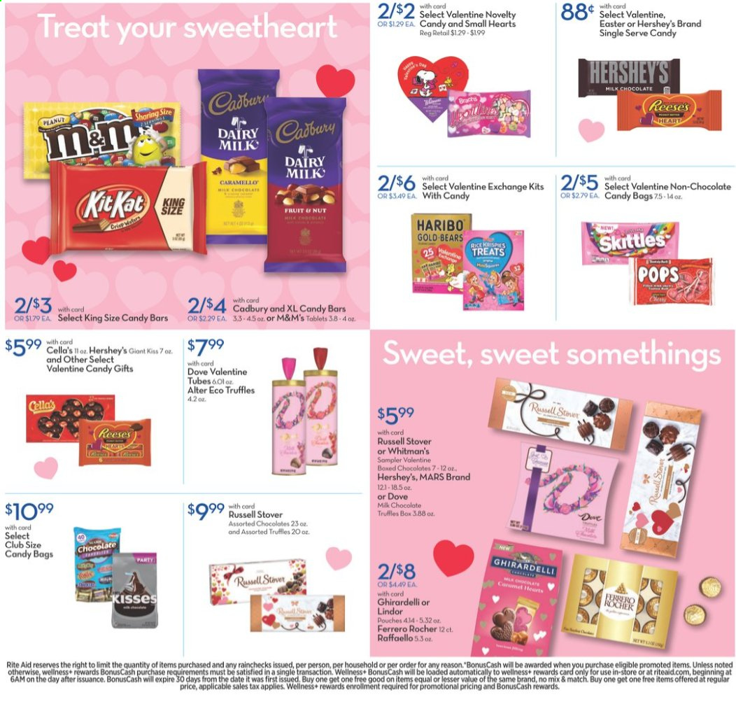 thumbnail - RITE AID Flyer - 01/17/2021 - 01/23/2021 - Sales products - Reese's, Hershey's, milk chocolate, chocolate, Haribo, Lindor, Ferrero Rocher, Mars, Raffaello, truffles, M&M's, Cadbury, Dairy Milk, Skittles, Ghirardelli, rice, Dove, bag. Page 11.