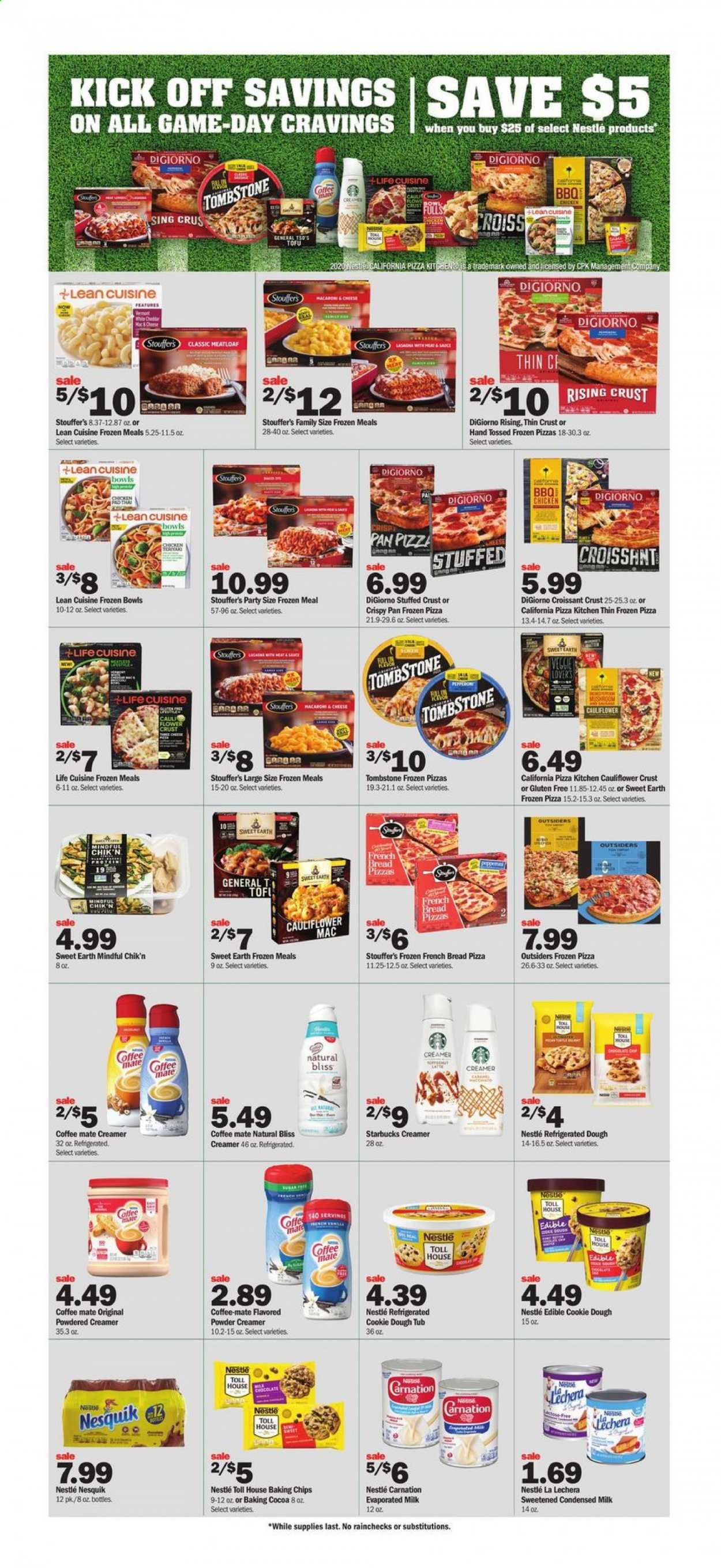 thumbnail - Meijer Flyer - 01/17/2021 - 01/23/2021 - Sales products - mushrooms, bread, croissant, pizza, Lean Cuisine, tofu, Coffee-Mate, evaporated milk, condensed milk, creamer, cauliflower, Stouffer's, cookie dough, Nestlé, Nesquik, cocoa, baking chips, Starbucks, pan. Page 8.