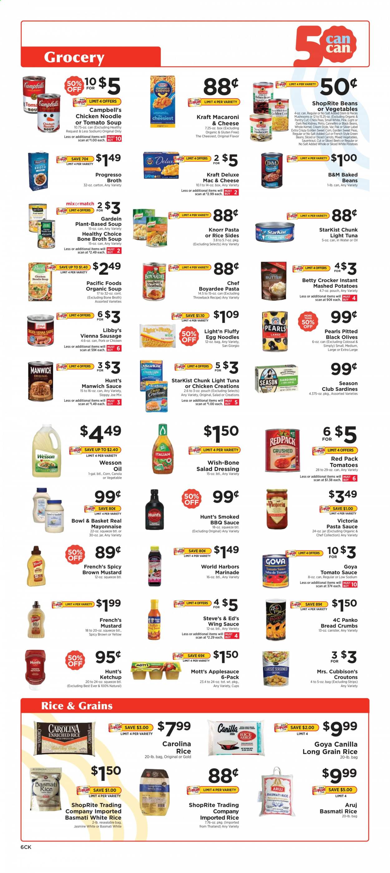 thumbnail - ShopRite Flyer - 01/17/2021 - 01/23/2021 - Sales products - Bowl & Basket, breadcrumbs, panko breadcrumbs, beans, corn, green beans, mixed vegetables, Mott's, sardines, tuna, StarKist, Campbell's, macaroni & cheese, mashed potatoes, tomato soup, pasta sauce, chicken soup, meatballs, soup, Knorr, sauce, noodles cup, noodles, Progresso, Healthy Choice, pasta sides, Kraft®, ready meal, rice sides, vienna sausage, butter, mayonnaise, frozen vegetables, strips, croutons, black beans, canned tuna, sauerkraut, tomato sauce, olives, light tuna, baked beans, Goya, Manwich, Chef Boyardee, pickled cabbage, canned fish, canned meat, basmati rice, chickpeas, egg noodles, white rice, long grain rice, BBQ sauce, mustard, salad dressing, ketchup, dressing, salsa, marinade, wing sauce, apple sauce, canister, Cello. Page 6.