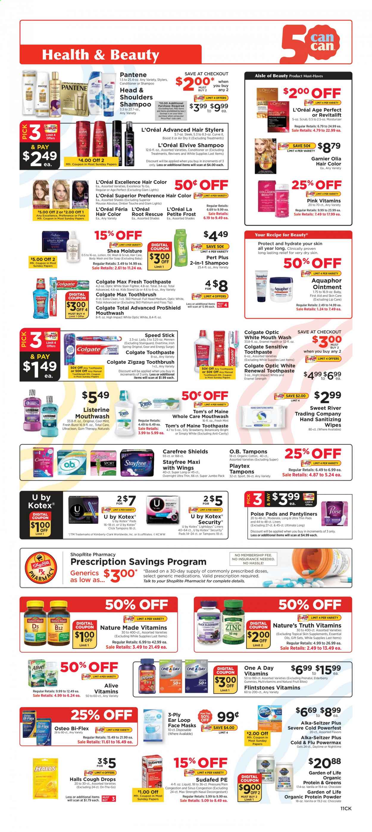 thumbnail - ShopRite Flyer - 01/17/2021 - 01/23/2021 - Sales products - Halls, chocolate, seltzer water, Boost, Aquaphor, ointment, wipes, antiseptic wipes, body wash, shampoo, soap bar, soap, Colgate, Listerine, toothbrush, toothpaste, mouthwash, Stayfree, Playtex, Carefree, Kotex, pantyliners, tampons, Garnier, L’Oréal, moisturizer, conditioner, Head & Shoulders, Pantene, hair color, body lotion, Speed Stick, essential oils, Cold & Flu, multivitamin, Nature Made, Nature's Truth, Sudafed, Prenatal, Osteo bi-flex, Bi-Flex, Alka-seltzer, whey protein, cough drops. Page 11.