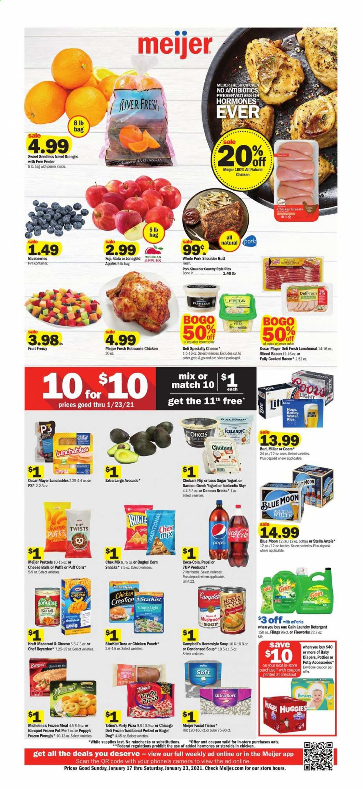 thumbnail - Meijer Flyer - 01/17/2021 - 01/23/2021 - Sales products - blueberries, pretzels, bagels, pot pie, puffs, pie, apples, oranges, tuna, StarKist, Campbell's, macaroni & cheese, mushroom soup, pizza, condensed soup, soup, Lunchables, Kraft®, bacon, Oscar Mayer, lunch meat, cheddar, parmesan, feta, greek yoghurt, yoghurt, Oikos, Chobani, Dannon, corn, snack, Chex Mix, Chef Boyardee, ravioli, Coca-Cola, Pepsi, 7UP, beer, Stella Artois, Coors, Blue Moon, Bud Light, Miller, chicken breasts, pork meat, pork shoulder, country style ribs, Huggies, Pampers, tissues, detergent, Gain, laundry detergent, pot, peeler. Page 1.