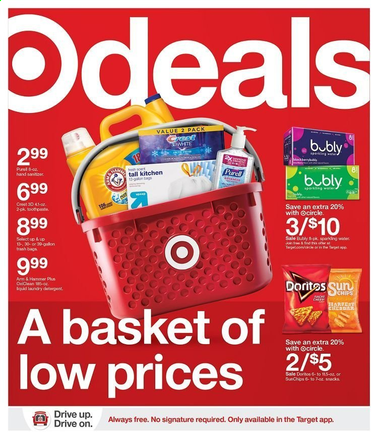 thumbnail - Target Flyer - 01/17/2021 - 01/23/2021 - Sales products - cheddar, Doritos, chips, snack, ARM & HAMMER, sparkling water, detergent, OxiClean, laundry detergent, toothpaste, Crest, hand sanitizer, trash bags, basket, bag. Page 1.