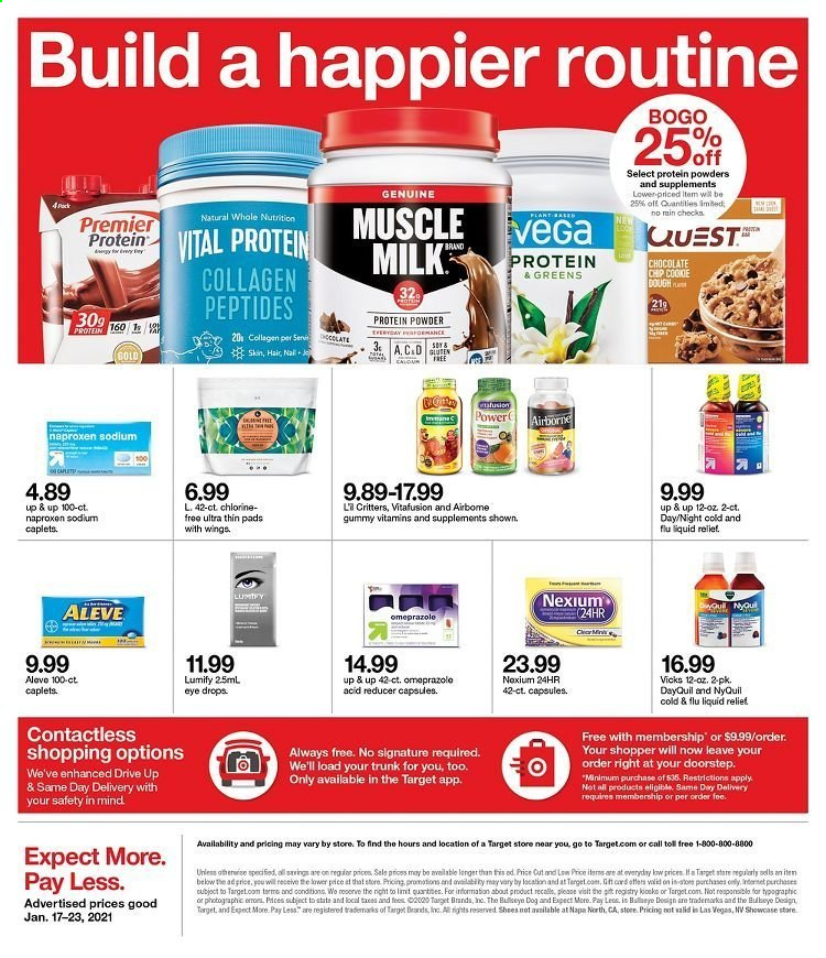 thumbnail - Target Flyer - 01/17/2021 - 01/23/2021 - Sales products - milk, muscle milk, chocolate, Vicks, Aleve, DayQuil, Cold & Flu, Vitafusion, NyQuil, Lumify, Nexium, eye drops, whey protein, Vital Proteins. Page 16.