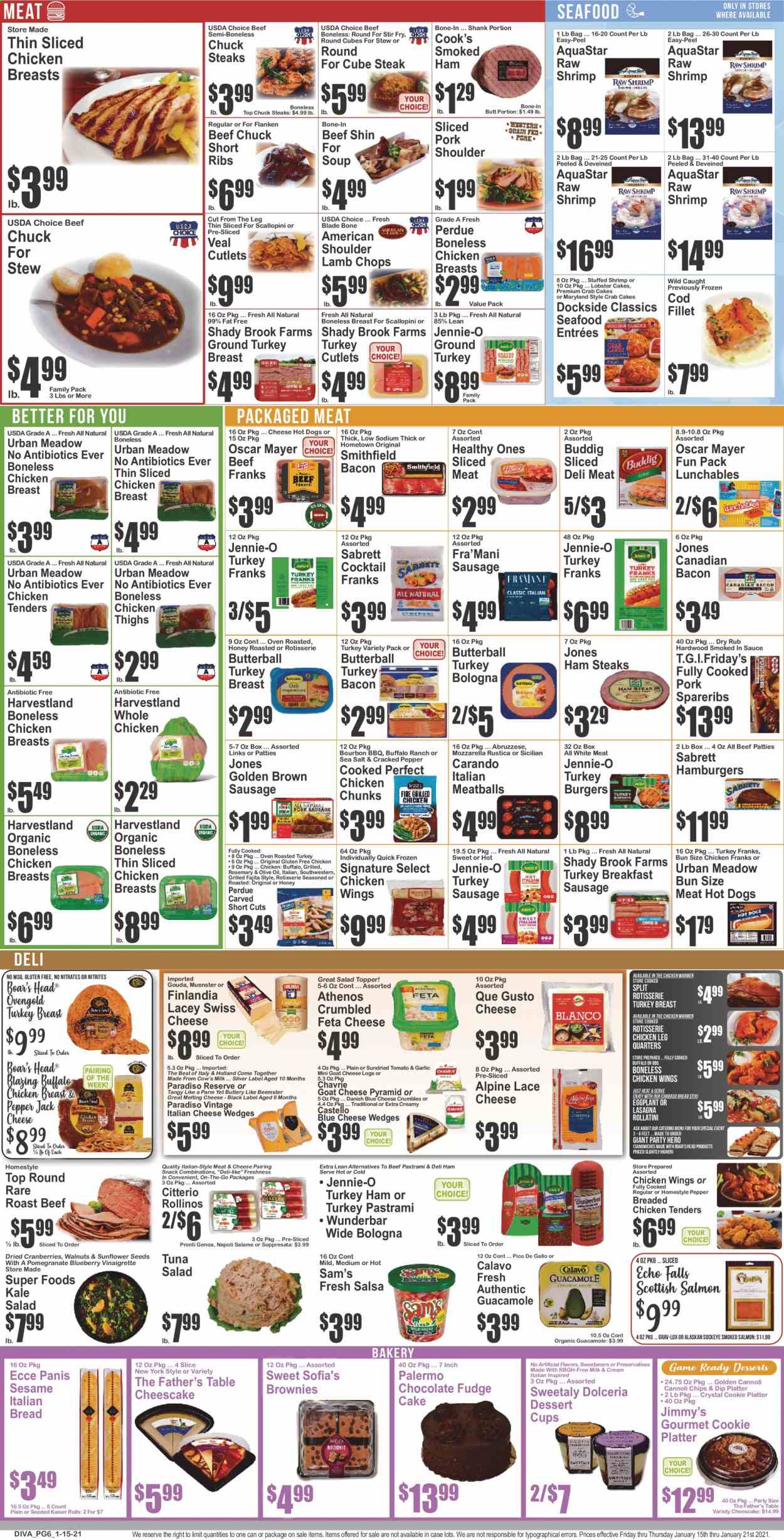 thumbnail - Key Food Flyer - 01/15/2021 - 01/21/2021 - Sales products - bread, Father's Table, brownies, danish pastry, cod, lobster, salmon, smoked salmon, tuna, seafood, shrimps, crab cake, lobster cakes, hot dog, meatballs, soup, hamburger, salad, fried chicken, fajita, Perdue®, Lunchables, bacon, canadian bacon, turkey bacon, ham, ham steaks, smoked ham, bologna sausage, Oscar Mayer, sausage, chicken frankfurters, guacamole, tuna salad, blue cheese, goat cheese, gouda, mozzarella, swiss cheese, Pepper Jack cheese, Münster cheese, feta, cheese crumbles, milk, salsa, dip, eggplant, chicken wings, fudge, chocolate, snack, rosemary, vinaigrette dressing, olive oil, honey, dried tomatoes, walnuts, dried fruit, Cook's, bourbon, bourbon whiskey, Butterball, ground turkey, turkey breast, whole chicken, chicken breasts, chicken tenders, chicken thighs, beef meat, veal cutlet, veal meat, pastrami, steak, roast beef, sausage meat, pork meat, pork shoulder, pork spare ribs, lamb chops, lamb meat, cup. Page 6.