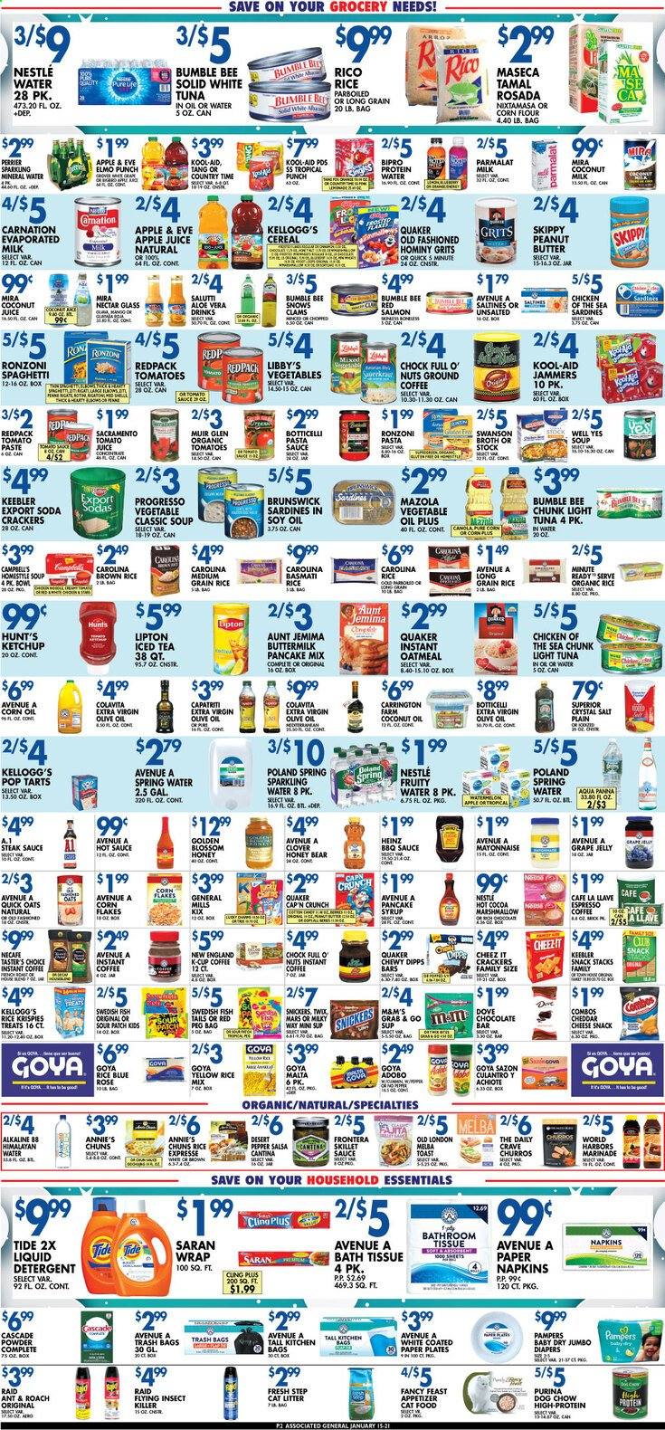 thumbnail - Associated Supermarkets Flyer - 01/15/2021 - 01/21/2021 - Sales products - toast bread, clams, salmon, sardines, tuna, soup, sauce, Quaker, Progresso, Annie's, cheddar, cheese, jelly, Clover, Parmalat, evaporated milk, Blossom, mayonnaise, salsa, marshmallows, Nestlé, chocolate, Snickers, Mars, M&M's, crackers, Kellogg's, Pop-Tarts, Keebler, snack, saltines, flour, oatmeal, oats, grits, corn flour, salt, broth, coconut milk, tomato paste, Heinz, light tuna, Chicken of the Sea, Goya, cereals, corn flakes, Rice Krispies, churros, Cap'n Crunch, Quick Oats, basmati rice, brown rice, spaghetti, whole grain rice, penne, long grain rice, marinade, adobo sauce, BBQ sauce, steak sauce, tomato sauce, hot sauce, ketchup, pasta sauce, coconut oil, corn oil, extra virgin olive oil, vegetable oil, olive oil, grape jelly, honey, peanut butter, pancake syrup, syrup, apple juice, tomato juice, soda, juice, Lipton, Perrier, Country Time, mineral water, spring water, sparkling water, hot cocoa, instant coffee, ground coffee, coffee capsules, K-Cups, punch, Ron Pelicano, Sol, steak, Pampers, napkins, Dove, bath tissue, detergent, Cascade, Tide, liquid detergent, trash bags, insect killer, Raid, cat litter, bowl, animal food, cat food, Dog Chow, Purina, Fancy Feast, Fresh Step, watermelon. Page 2.