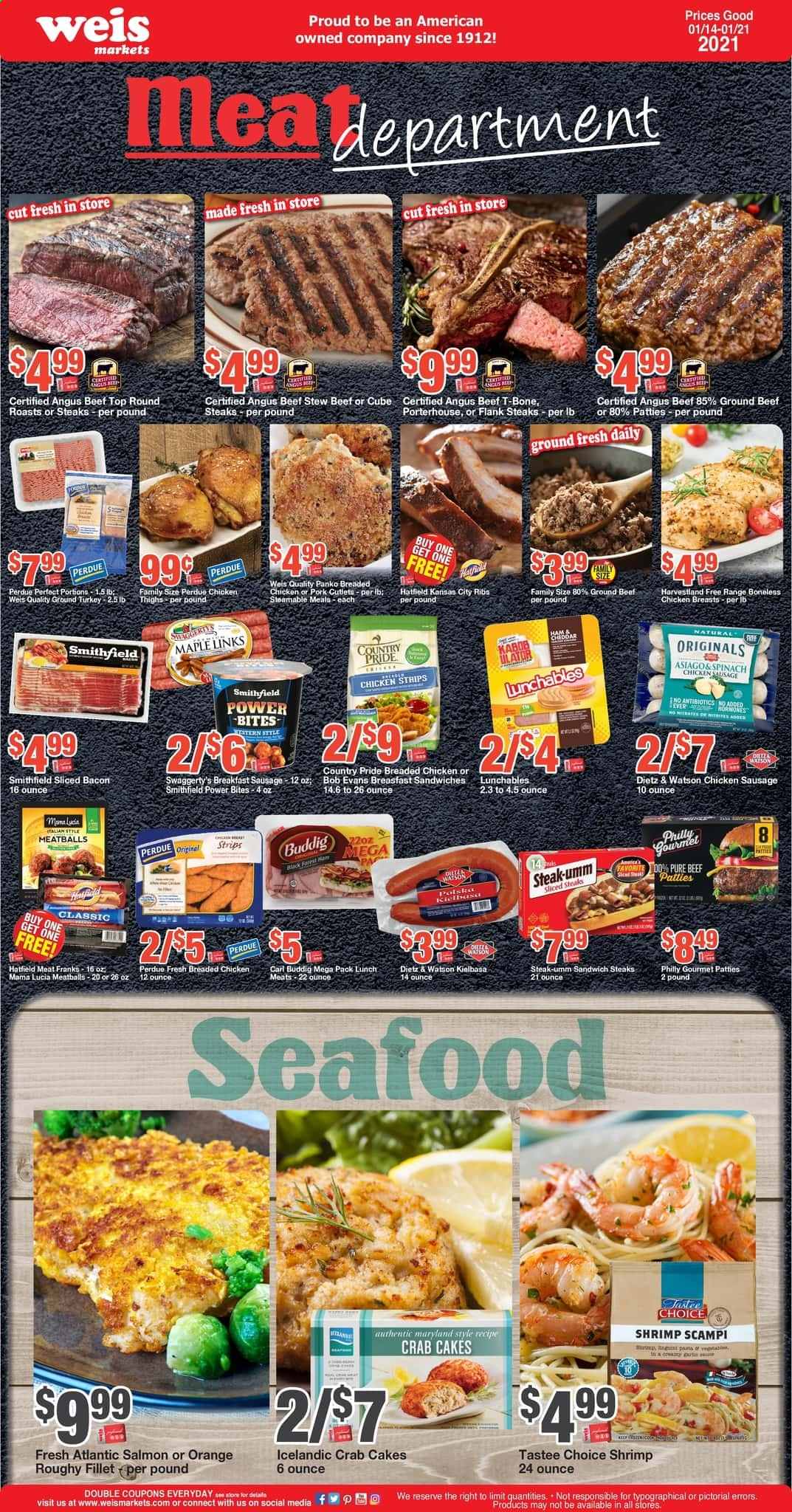 thumbnail - Weis Flyer - 01/14/2021 - 01/21/2021 - Sales products - panko breadcrumbs, oranges, ground turkey, chicken breasts, Perdue®, beef meat, ground beef, t-bone steak, steak, Bob Evans, salmon, seafood, shrimps, crab cake, meatballs, sandwich, fried chicken, Lunchables, bacon, Dietz & Watson, sausage, chicken sausage, cheddar, strips, chicken strips, Hama. Page 3.