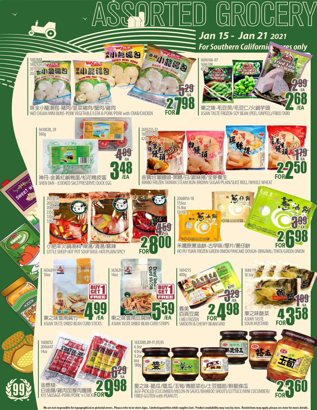 thumbnail - 99 Ranch Market Flyer - 01/15/2021 - 01/21/2021 - Sales products - lettuce, pancakes, buns, crab, soup, sausage, curd, eggs, beans, strips, cane sugar, salt, bamboo shoot, cucumber, soybeans, mustard, soy sauce, pot, melons. Page 5.
