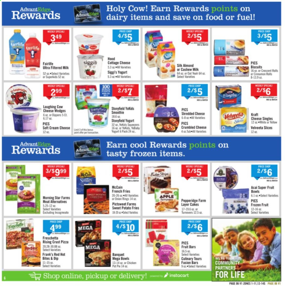 thumbnail - Price Chopper Flyer - 01/17/2021 - 01/23/2021 - Sales products - sweet potato, cinnamon roll, crescent rolls, cake, cream cheese, pizza, onion rings, Kraft®, cottage cheese, shredded cheese, The Laughing Cow, yoghurt, milk, dip, McCain, potato fries, french fries, biscuit, smoothie. Page 6.