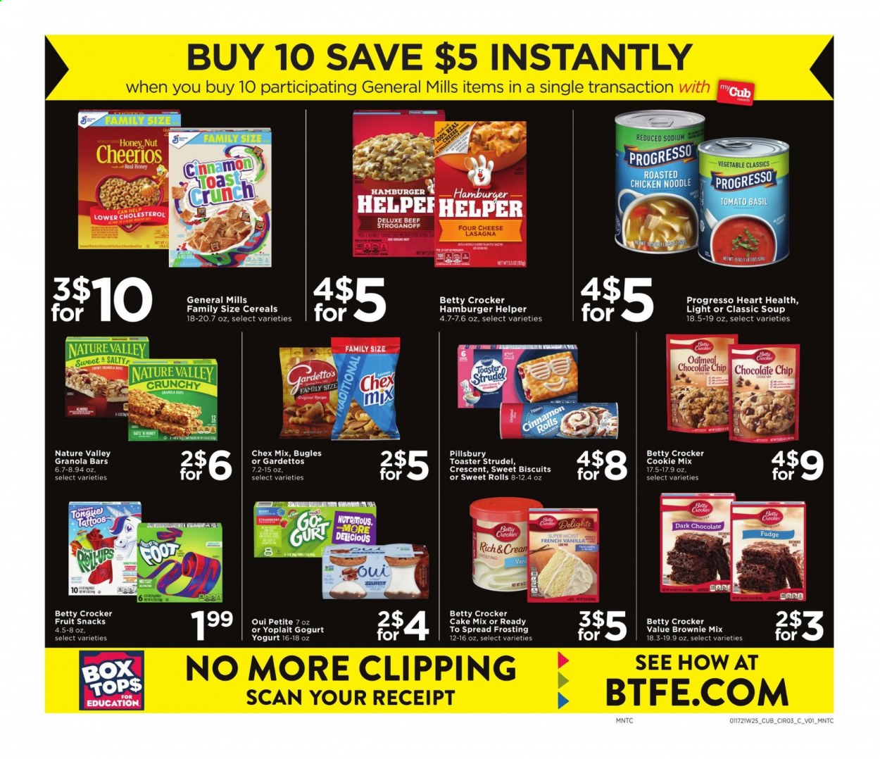 thumbnail - Cub Foods Flyer - 01/17/2021 - 01/23/2021 - Sales products - toast bread, brownie mix, cake mix, cinnamon roll, strudel, soup, Pillsbury, Progresso, lasagna meal, yoghurt, Yoplait, cookies, fudge, biscuit, dark chocolate, fruit snack, Chex Mix, frosting, oatmeal, Cheerios, granola bar, Nature Valley, noodles, esponja. Page 3.