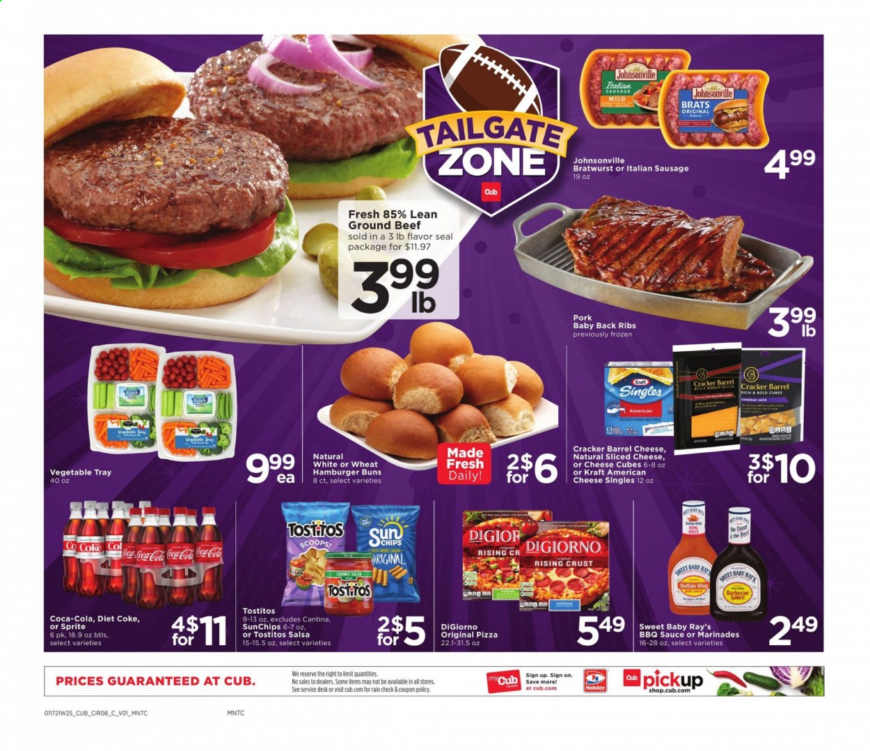 thumbnail - Cub Foods Flyer - 01/17/2021 - 01/23/2021 - Sales products - burger buns, Johnsonville, buns, pizza, Kraft®, bratwurst, sausage, pepperoni, italian sausage, american cheese, sliced cheese, cheddar, salsa, crackers, Tostitos, BBQ sauce, Coca-Cola, Sprite, Diet Coke, beef meat, ground beef, pork meat, pork back ribs. Page 9.