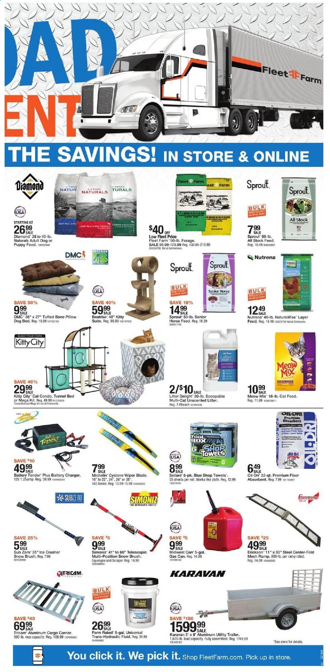 thumbnail - Fleet Farm Flyer - 01/22/2021 - 01/24/2021 - Sales products - brush, battery charger, battery tender, pillow, towel, dog bed, animal food, cat food, Meow Mix, Michelin. Page 3.