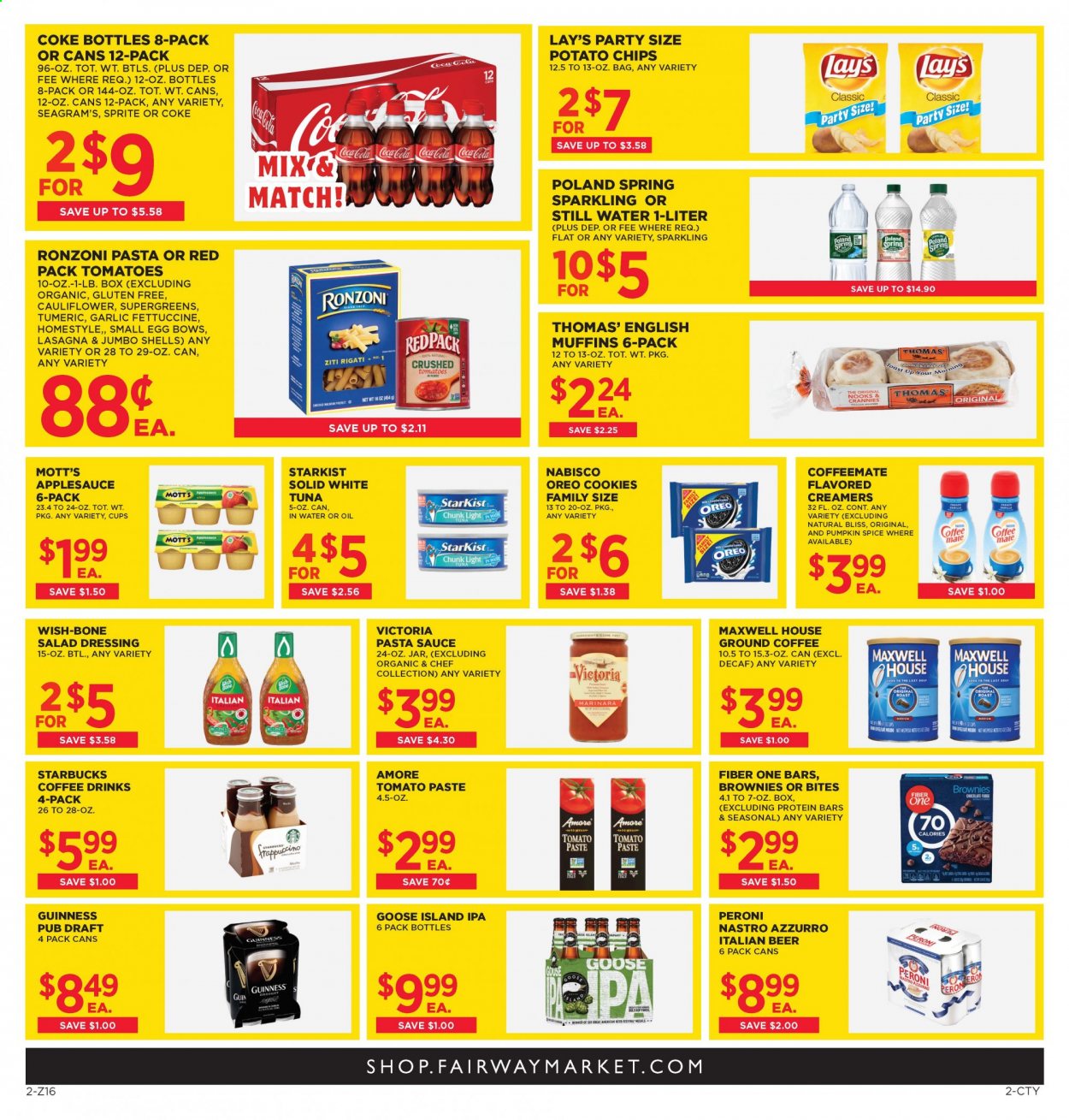 thumbnail - Fairway Market Flyer - 01/15/2021 - 01/21/2021 - Sales products - english muffins, garlic, Mott's, tuna, StarKist, pasta sauce, sauce, lasagna meal, Oreo, snack bar, eggs, creamer, Nabisco, bars, potato chips, Lay’s, canned tuna, tomato paste, canned fish, protein bar, Fiber One, spice, salad dressing, dressing, apple sauce, Coca-Cola, Sprite, soft drink, Coke, still water, carbonated soft drink, Maxwell House, coffee, Starbucks, ground coffee, frappuccino, alcohol, beer, Guinness, Peroni, IPA. Page 2.