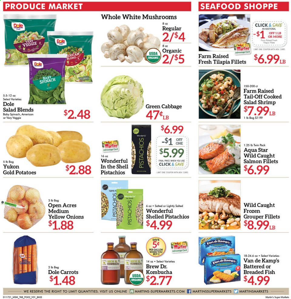 thumbnail - Martin’s Flyer - 01/17/2021 - 01/23/2021 - Sales products - mushrooms, Dole, grouper, salmon, salmon fillet, tilapia, seafood, fish, shrimps, Van de Kamp's, salad, breaded fish, carrots, spinach, pistachios, kombucha. Page 2.