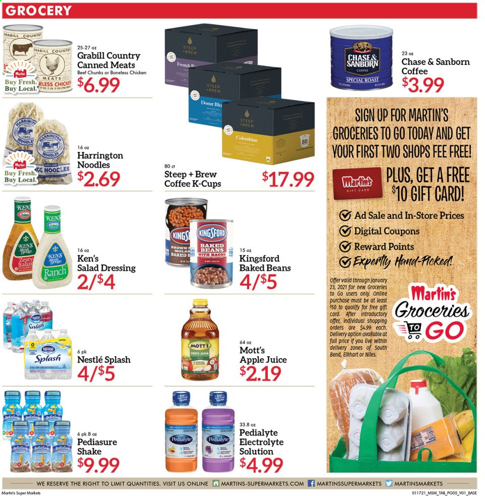 thumbnail - Martin’s Flyer - 01/17/2021 - 01/23/2021 - Sales products - donut, shake, beans, Nestlé, baked beans, noodles, salad dressing, dressing, apple juice, juice, Mott's, coffee, coffee capsules, K-Cups. Page 5.