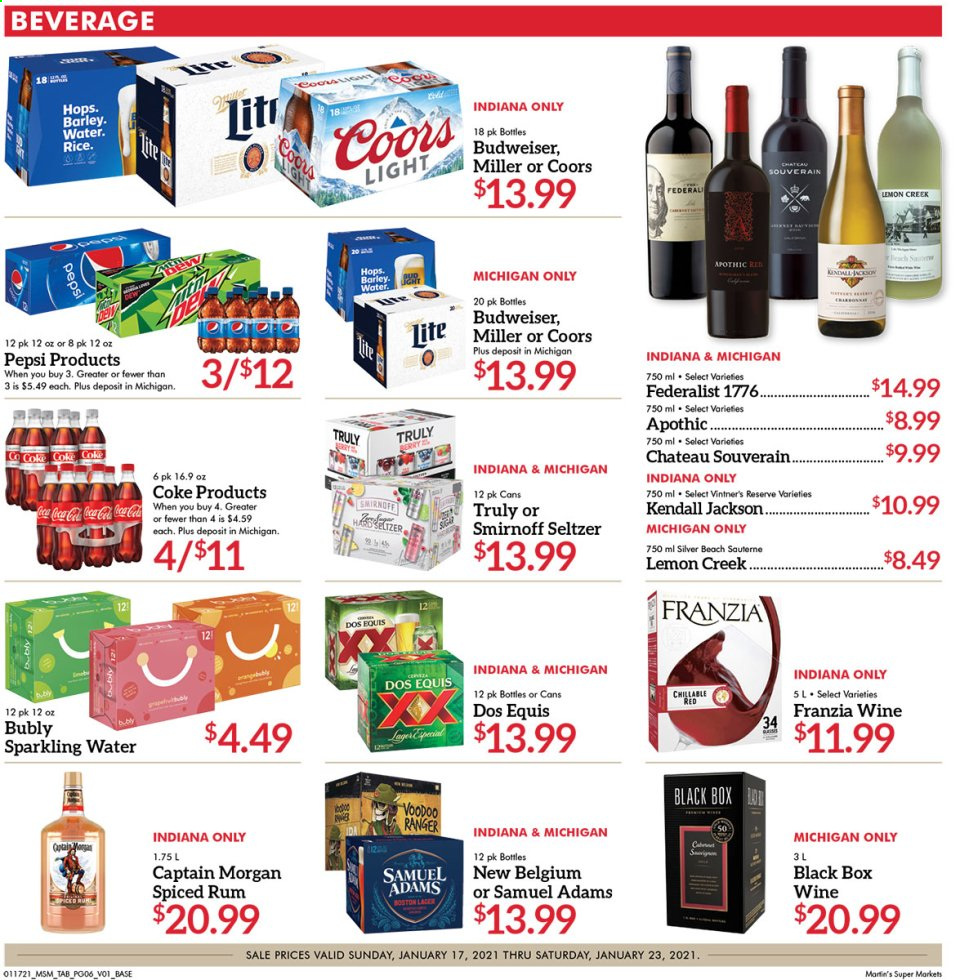 thumbnail - Martin’s Flyer - 01/17/2021 - 01/23/2021 - Sales products - Coca-Cola, Pepsi, seltzer water, sparkling water, wine, Captain Morgan, rum, Smirnoff, spiced rum, TRULY, beer, Budweiser, Coors, Dos Equis, Miller. Page 6.
