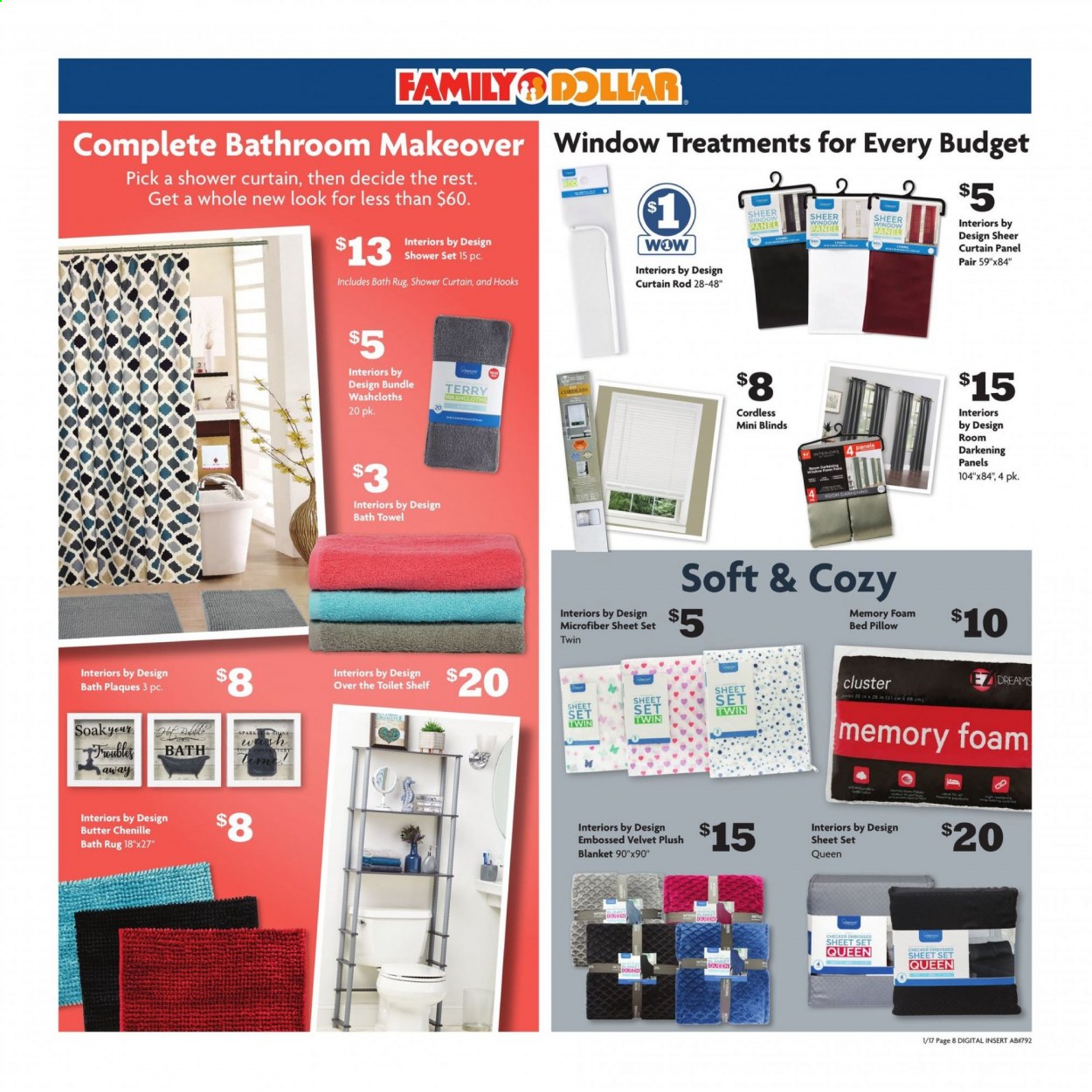 thumbnail - Family Dollar Flyer - 01/17/2021 - 01/23/2021 - Sales products - butter, bath foam, hook, shower curtain, blanket, pillow, curtain, bath towel, towel, curtain rod. Page 8.