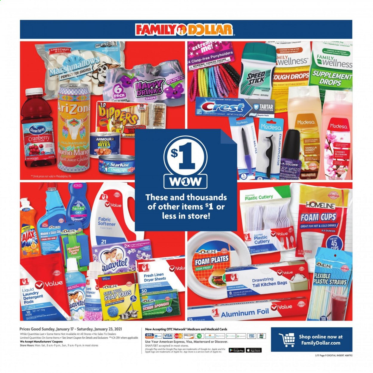 thumbnail - Family Dollar Flyer - 01/17/2021 - 01/23/2021 - Sales products - StarKist, Philadelphia, cheese, dip, marshmallows, Halls, sugar, honey, chestnuts, juice, detergent, Ajax, cleaning pad, fabric softener, laundry detergent, dryer sheets, body wash, soap, Crest, anti-perspirant, fragrance, Speed Stick, deodorant, sponge, knife, spoon, plate, pot, cup, disposable cutlery, straw, aluminium foil, foam plates. Page 9.